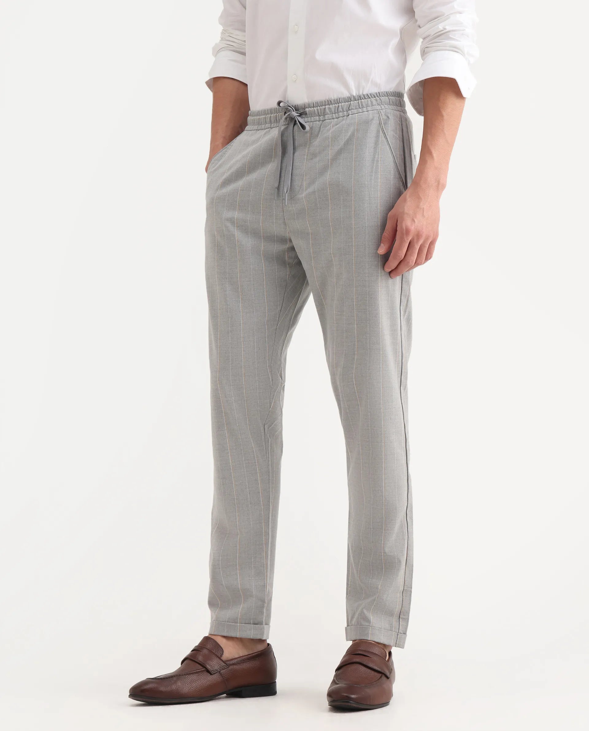 Rare Rabbit Men's Evita Grey Cotton Striped Print Regular Fit Trouser