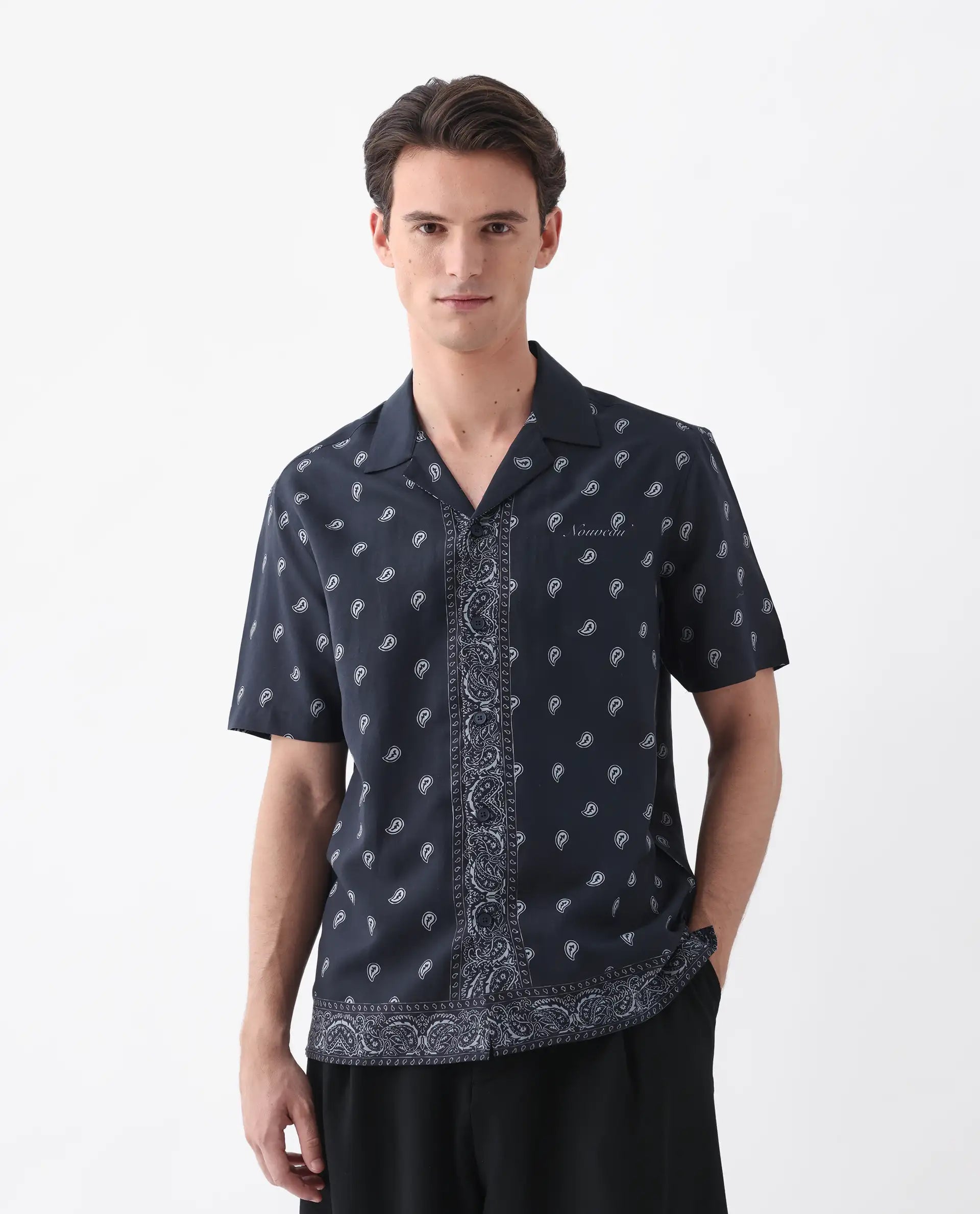 Rare Rabbit Men's Evron Navy Viscose Blend Paisley Print Boxy Fit Half Sleeve Cuban Collar Shirt