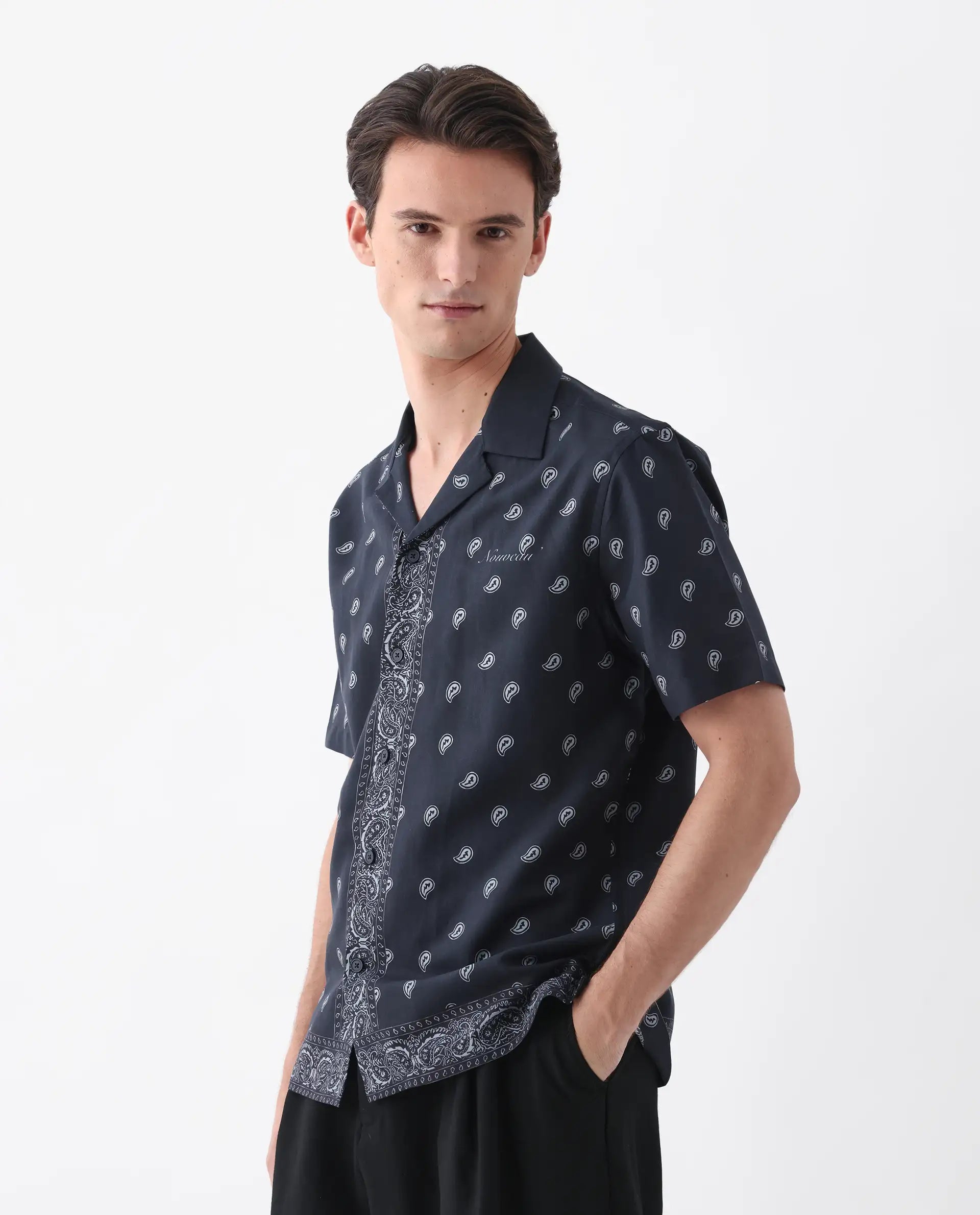 Rare Rabbit Men's Evron Navy Viscose Blend Paisley Print Boxy Fit Half Sleeve Cuban Collar Shirt