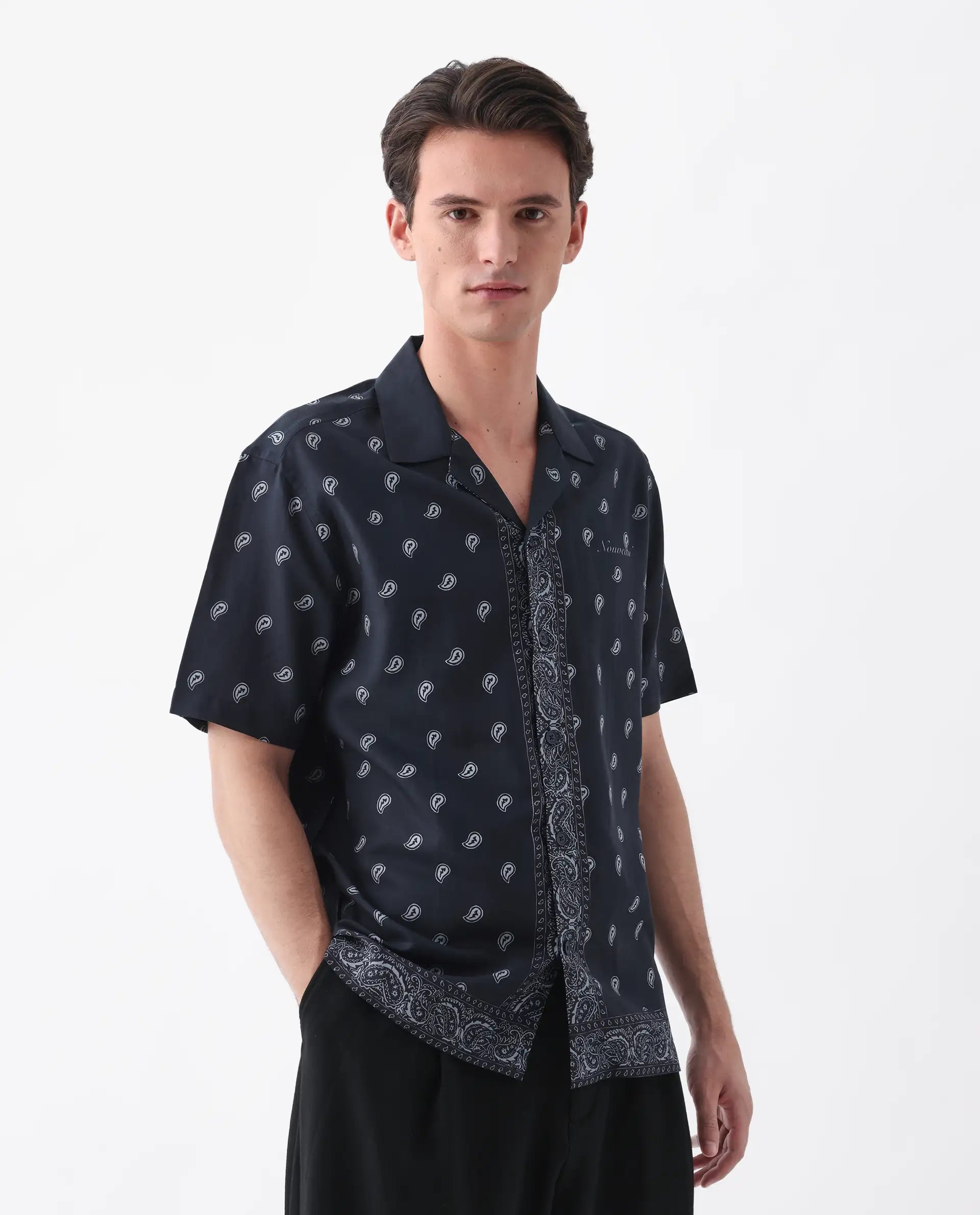 Rare Rabbit Men's Evron Navy Viscose Blend Paisley Print Boxy Fit Half Sleeve Cuban Collar Shirt