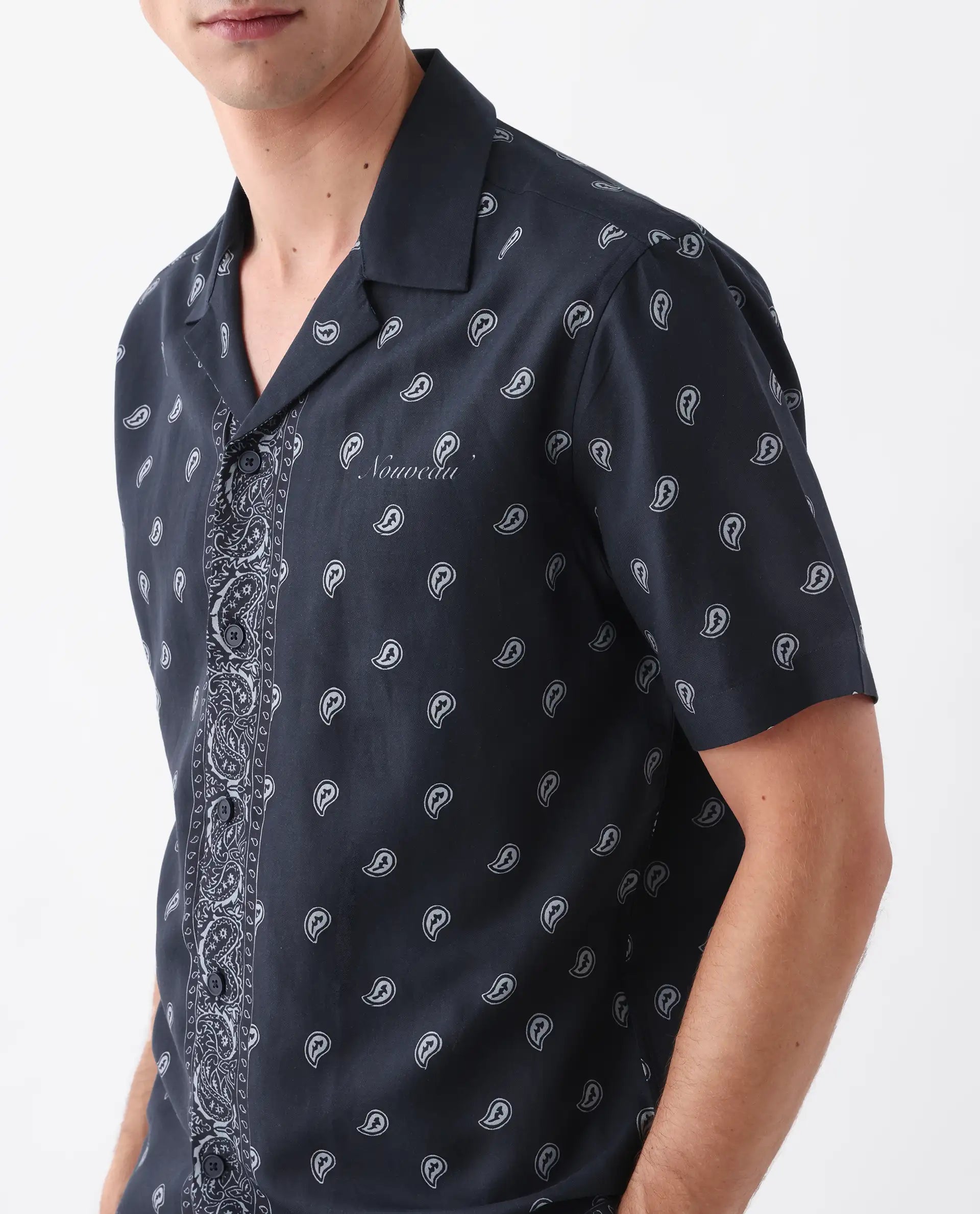 Rare Rabbit Men's Evron Navy Viscose Blend Paisley Print Boxy Fit Half Sleeve Cuban Collar Shirt