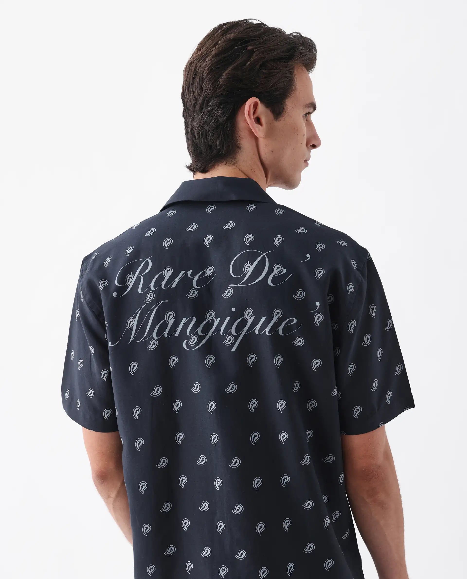 Rare Rabbit Men's Evron Navy Viscose Blend Paisley Print Boxy Fit Half Sleeve Cuban Collar Shirt