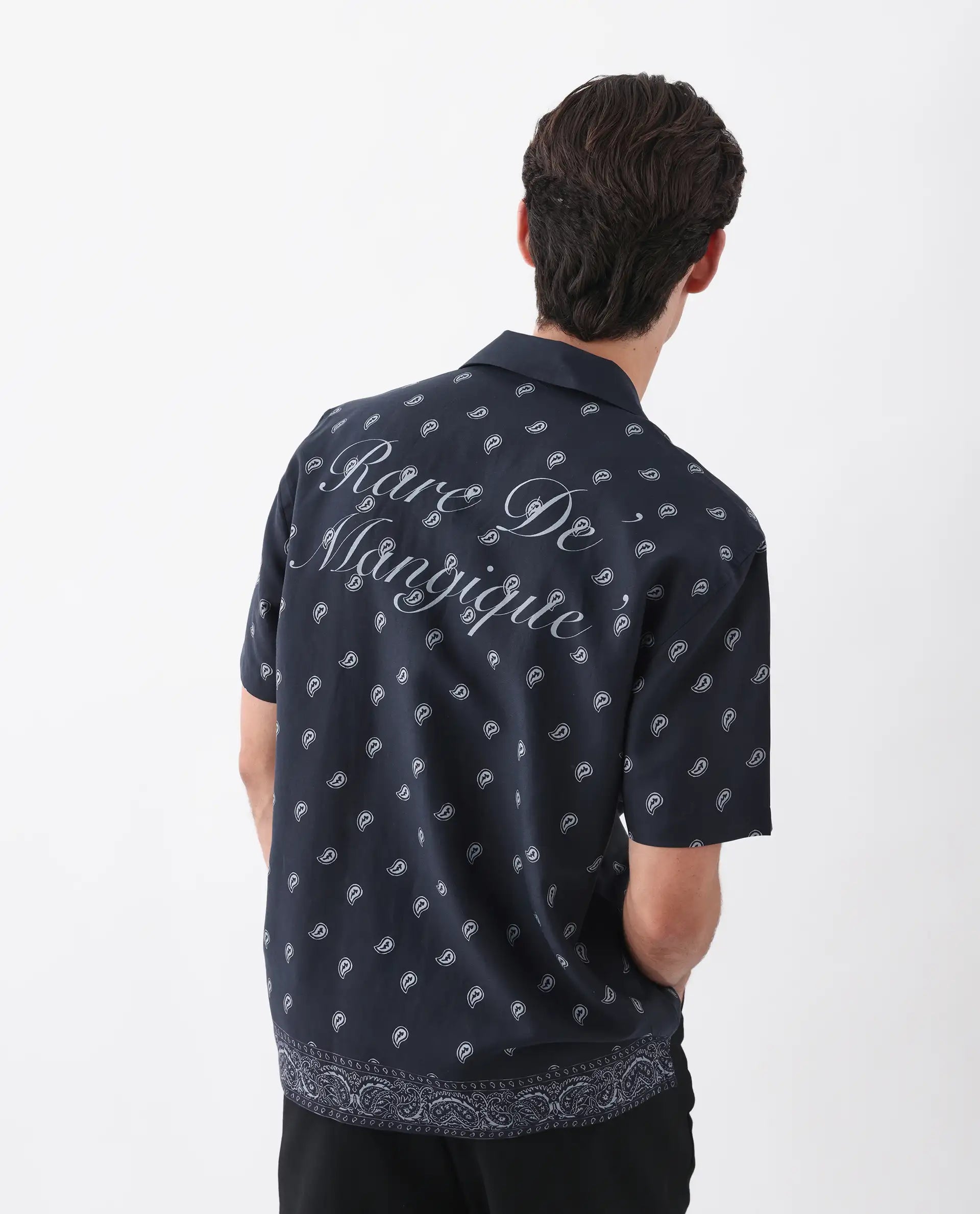 Rare Rabbit Men's Evron Navy Viscose Blend Paisley Print Boxy Fit Half Sleeve Cuban Collar Shirt