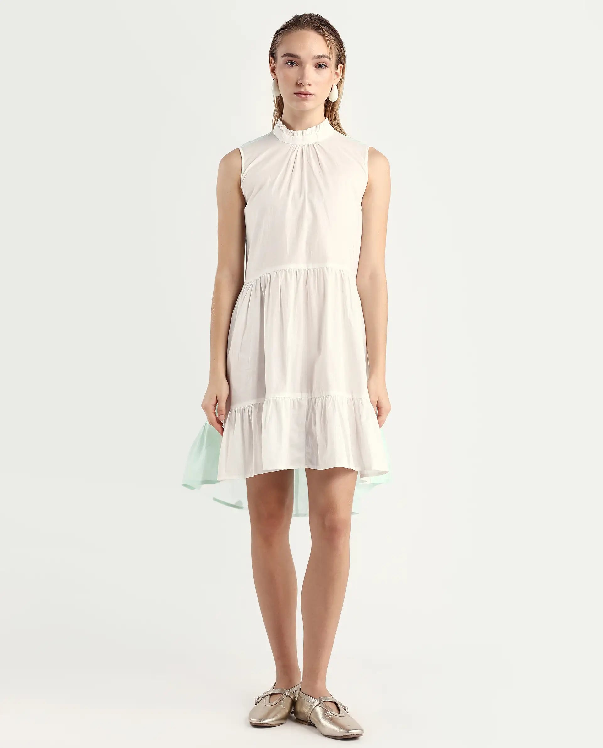 Rareism Women's Exam Green Cotton Sweetheart Neck Color Block Sleeveless Knee Length Regular Fit Dress