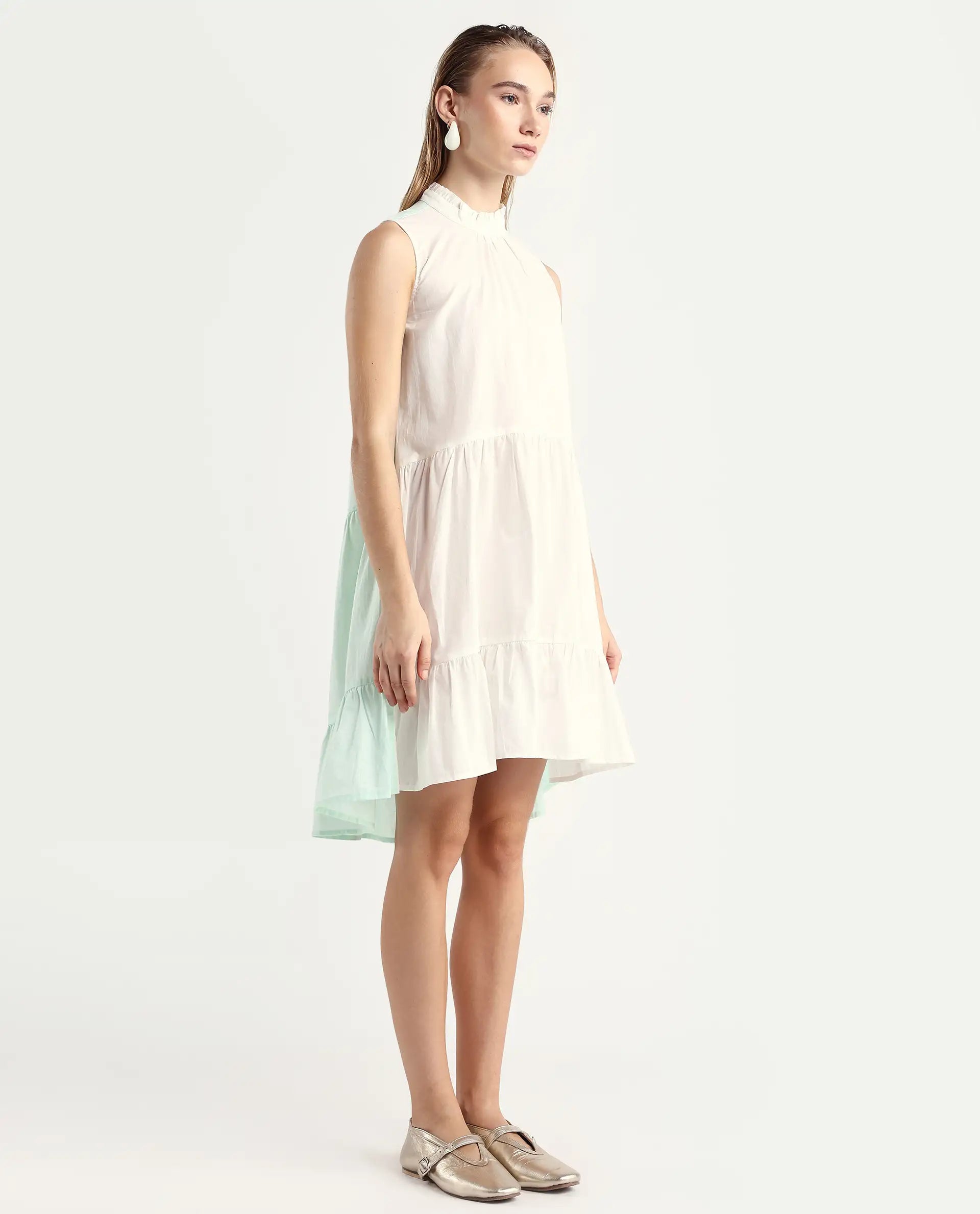 Rareism Women's Exam Green Cotton Sweetheart Neck Color Block Sleeveless Knee Length Regular Fit Dress