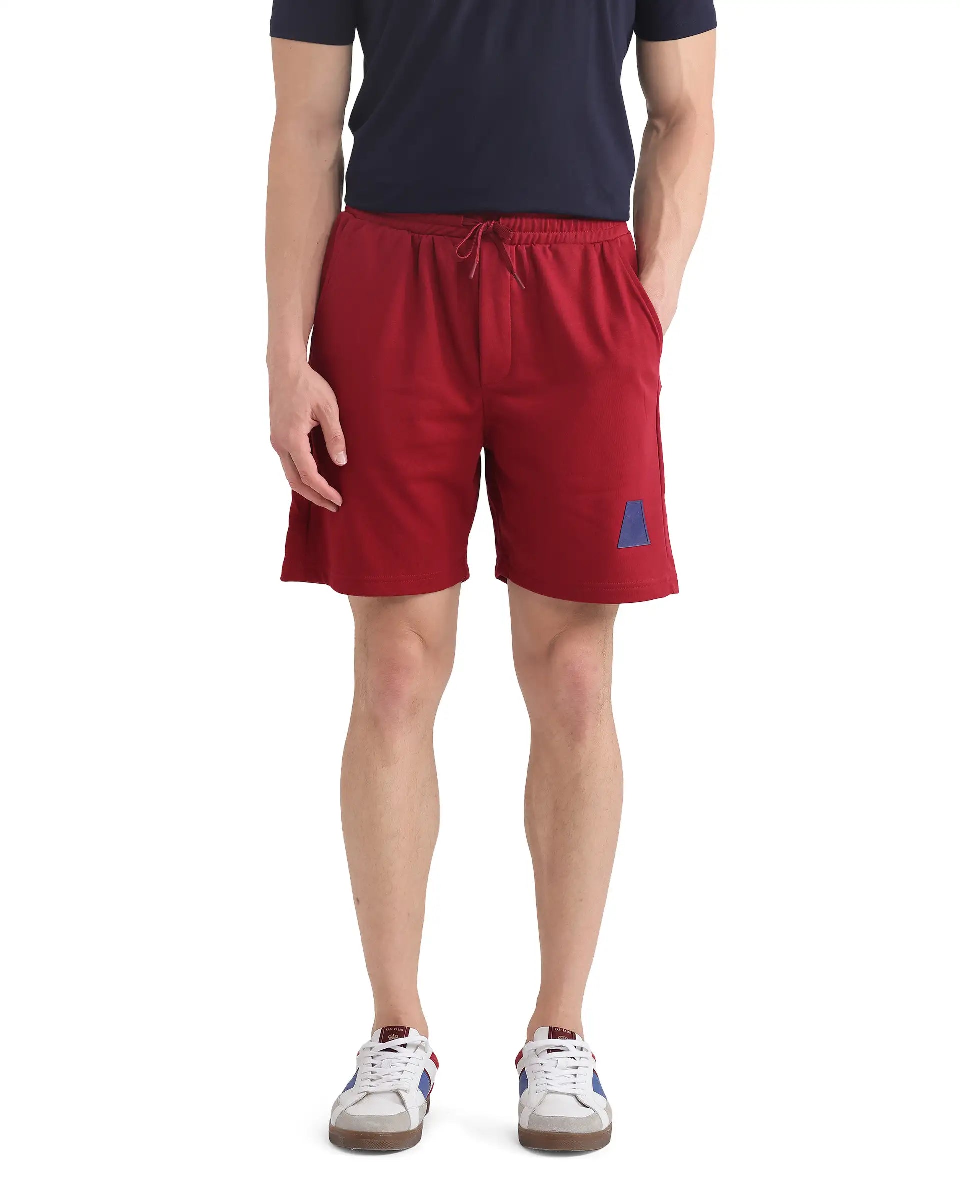 Rare Rabbit Men Exclaim-B Red Short Sleeve Drawstring Closure Oversized Fit Plain Shorts