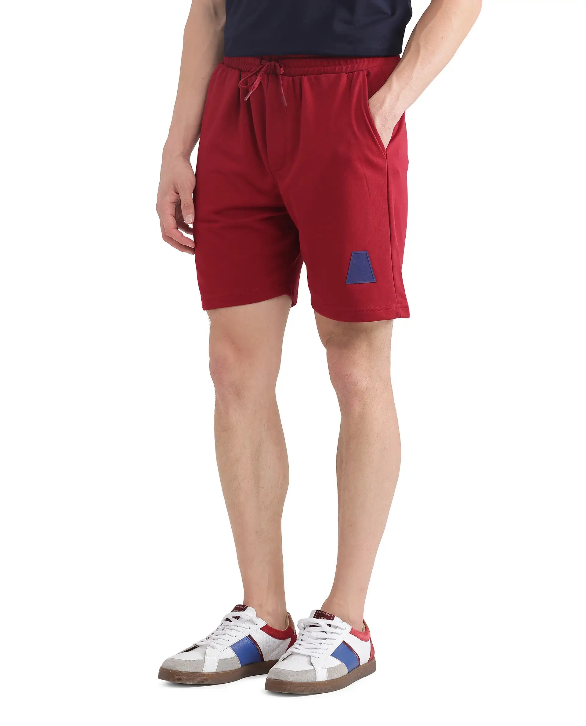 Rare Rabbit Men Exclaim-B Red Short Sleeve Drawstring Closure Oversized Fit Plain Shorts