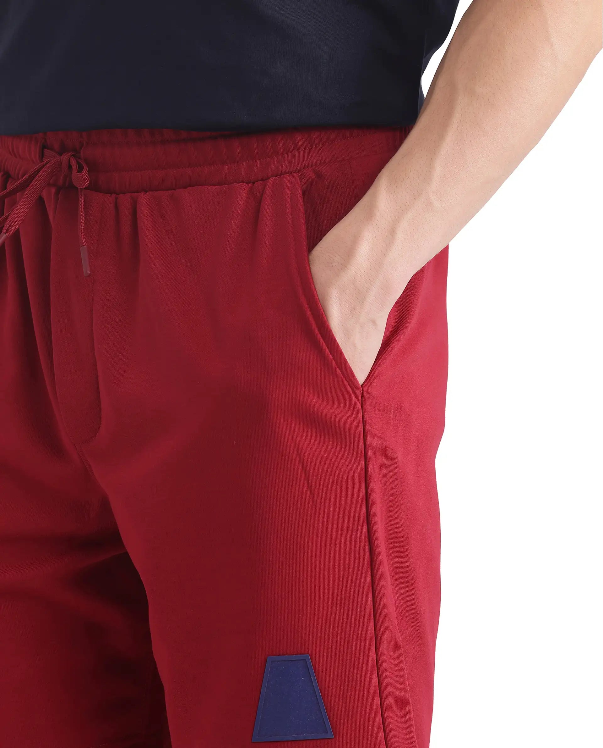 Rare Rabbit Men Exclaim-B Red Short Sleeve Drawstring Closure Oversized Fit Plain Shorts