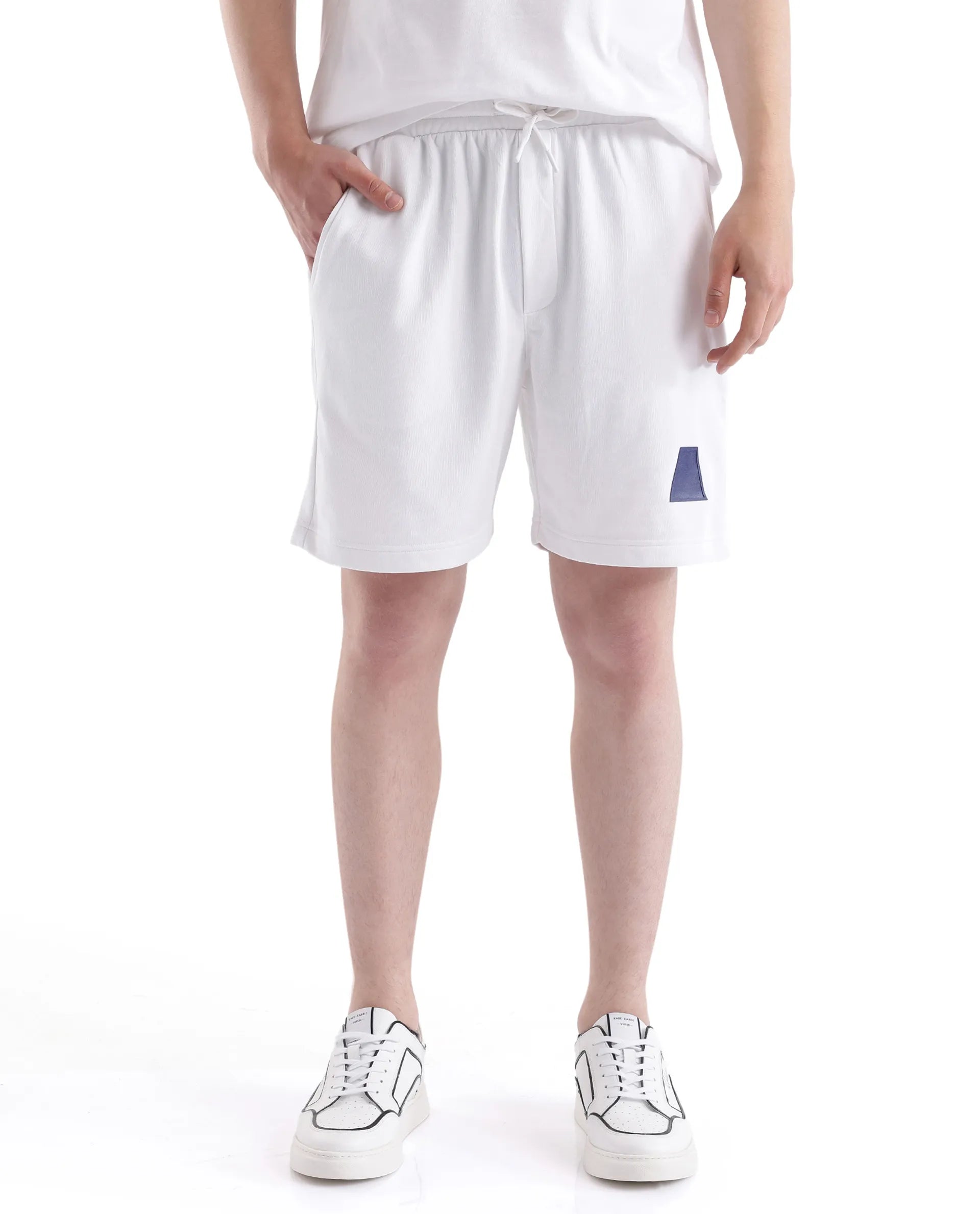 Rare Rabbit Men Exclaim-B White Cotton Fabric Drawstring Closure Oversized Fit Placement Print Shorts