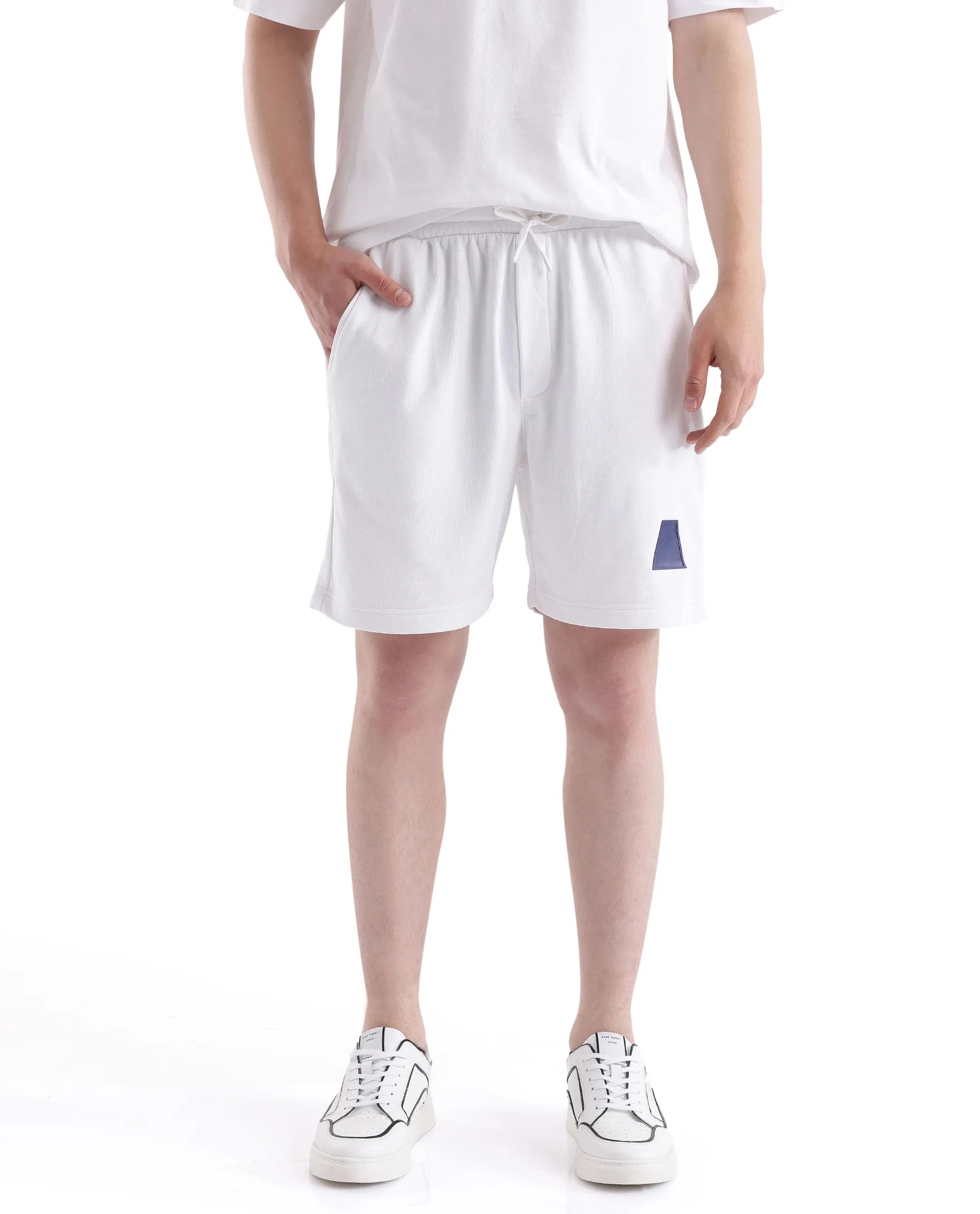 Rare Rabbit Men Exclaim-B White Short Sleeve Drawstring Closure Oversized Fit Plain Shorts