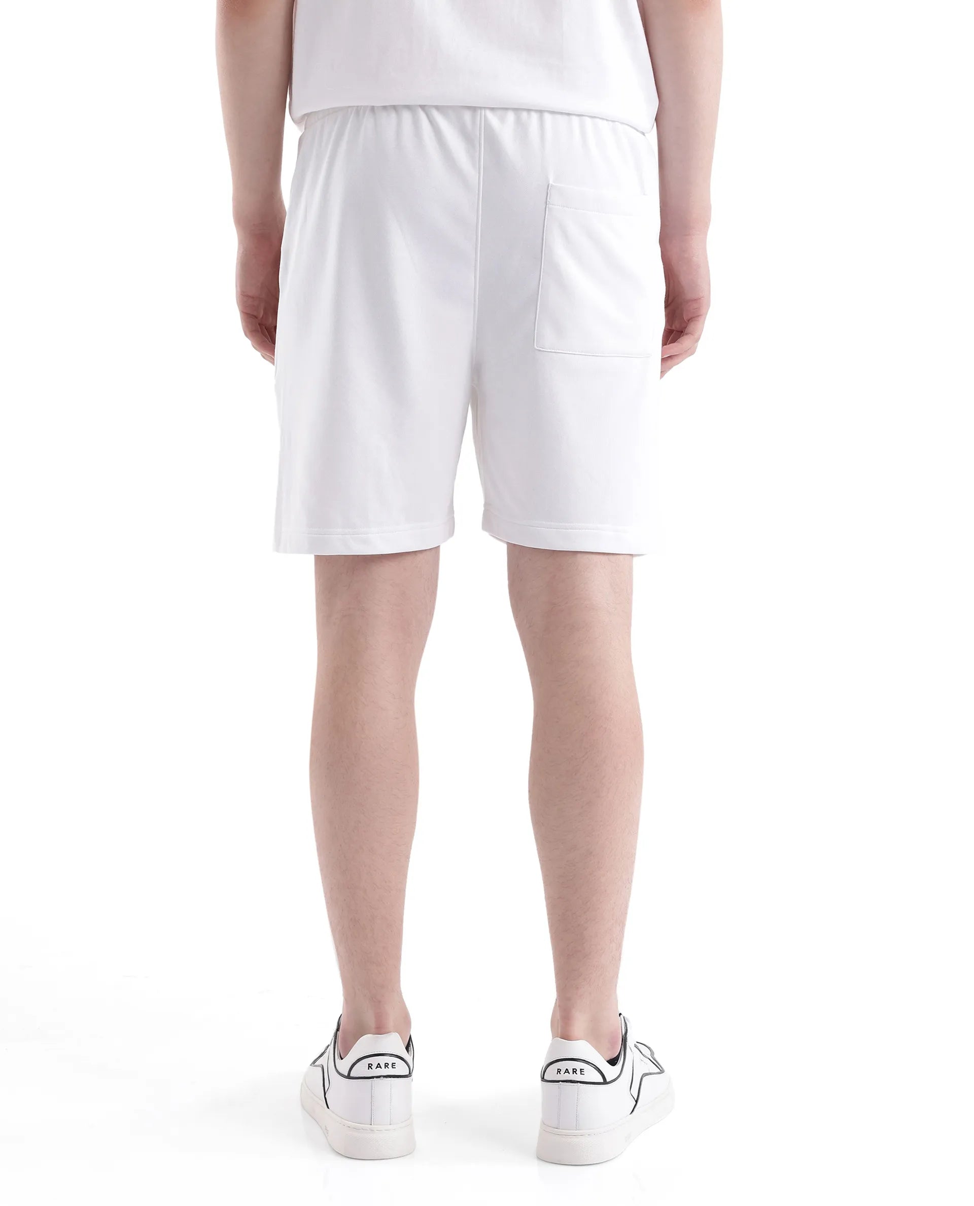 Rare Rabbit Men Exclaim-B White Cotton Fabric Drawstring Closure Oversized Fit Placement Print Shorts