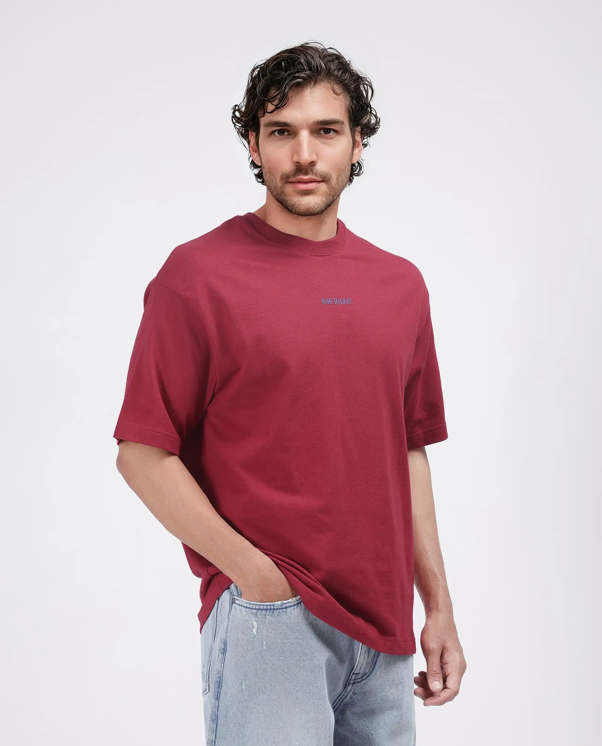 Rare Rabbit Men Exclaim Red Short Sleeve Crew Neck Oversized Fit Graphic Print T-Shirt
