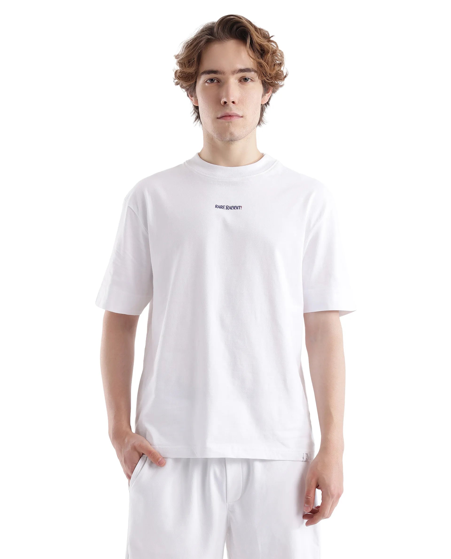 Rare Rabbit Men Exclaim White Cotton Fabric Short Sleeve Crew Neck Oversized Fit Graphic Back Print T-Shirt