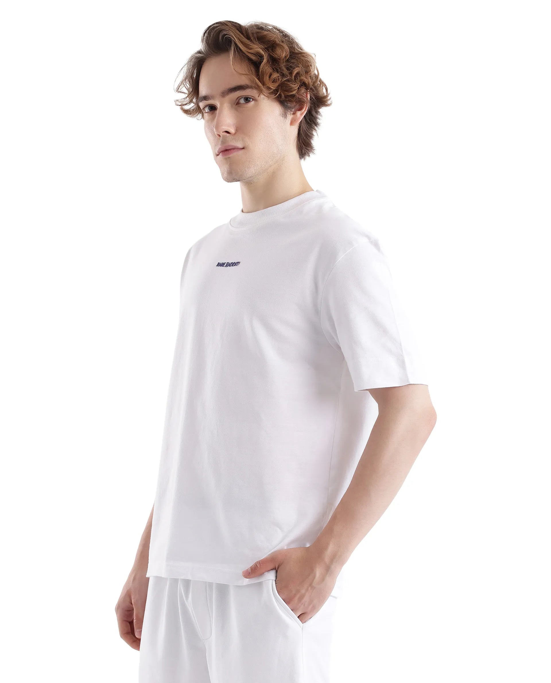 Rare Rabbit Men Exclaim White Cotton Fabric Short Sleeve Crew Neck Oversized Fit Graphic Back Print T-Shirt