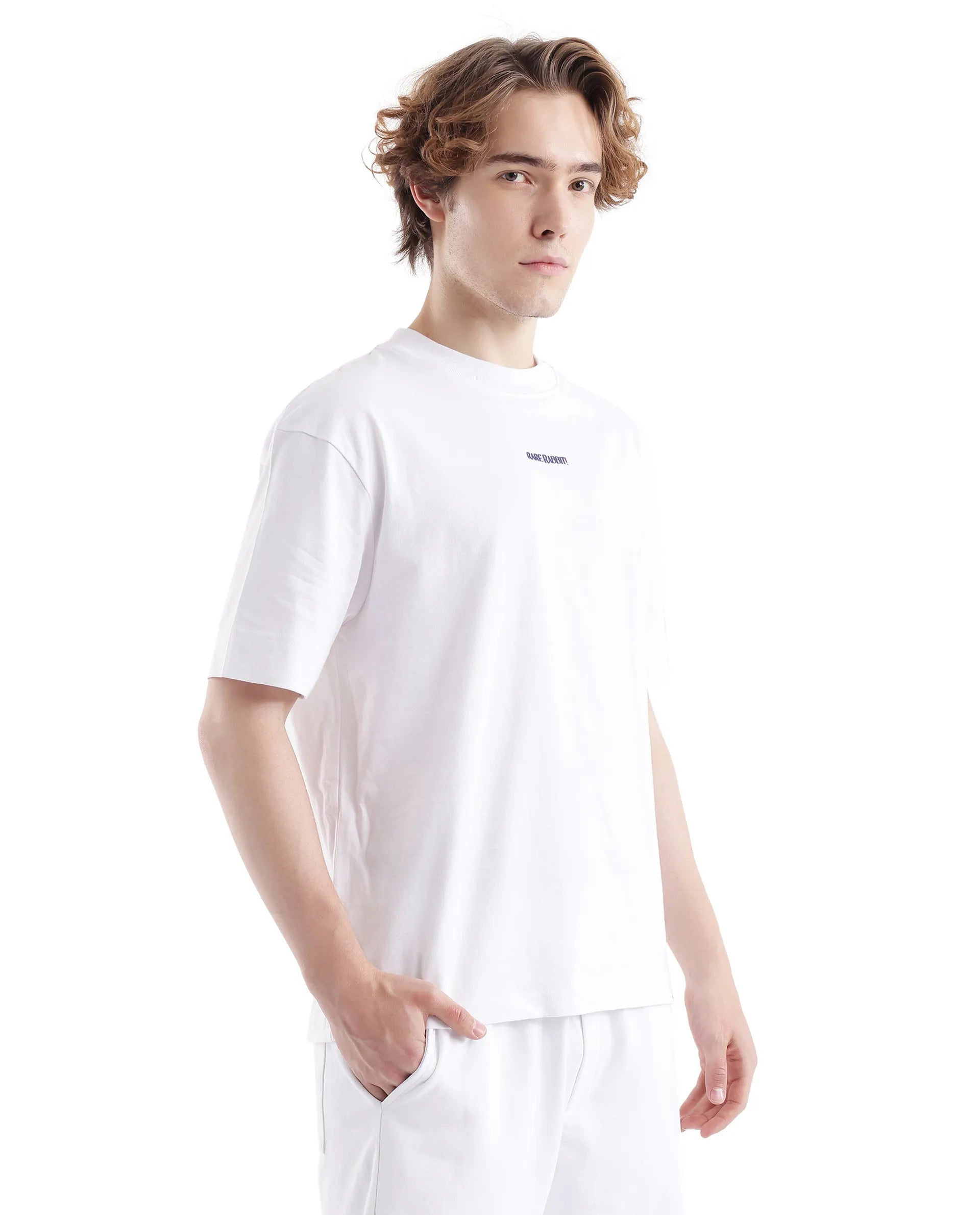 Rare Rabbit Men Exclaim White Cotton Fabric Short Sleeve Crew Neck Oversized Fit Graphic Back Print T-Shirt