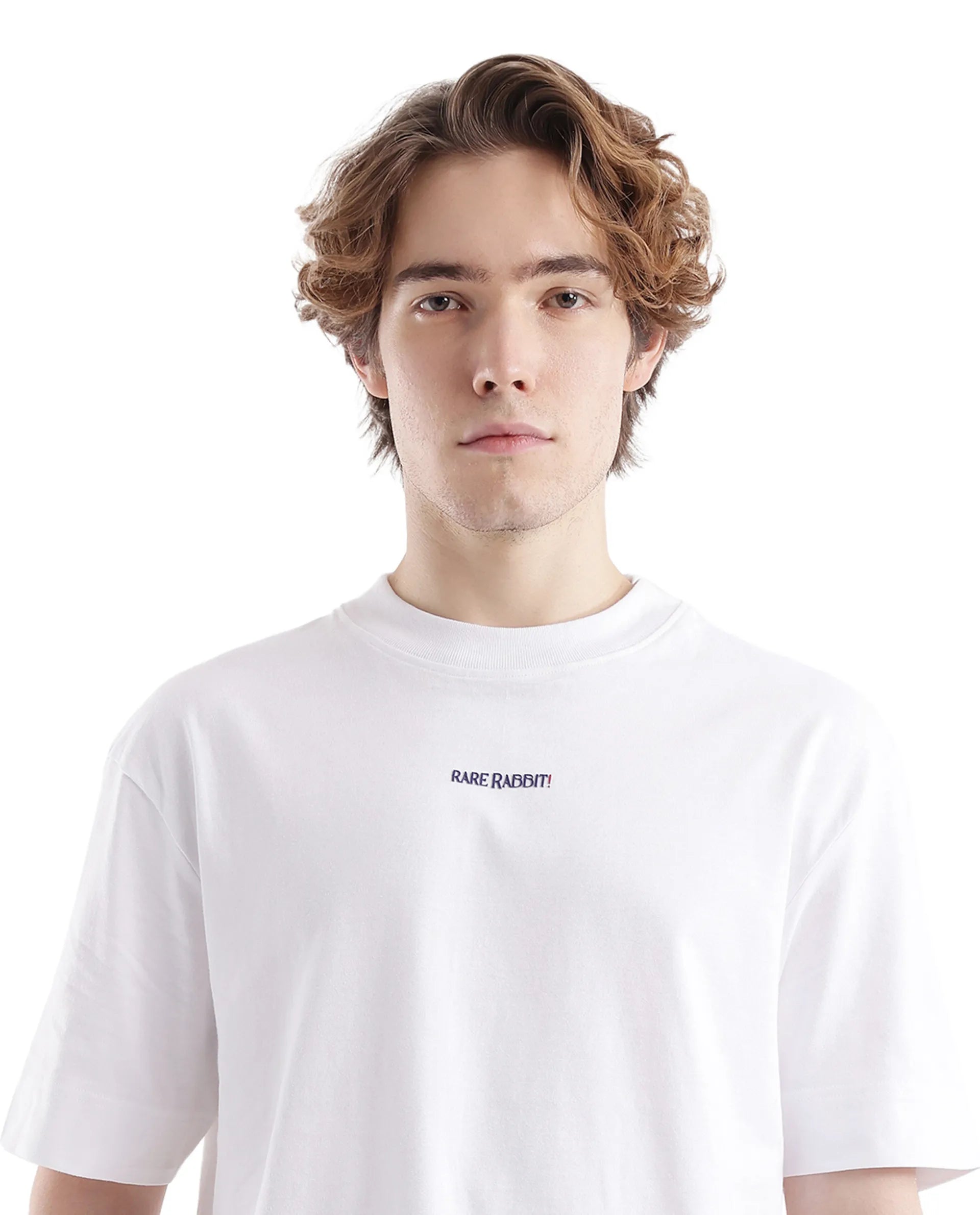 Rare Rabbit Men Exclaim White Cotton Fabric Short Sleeve Crew Neck Oversized Fit Graphic Back Print T-Shirt