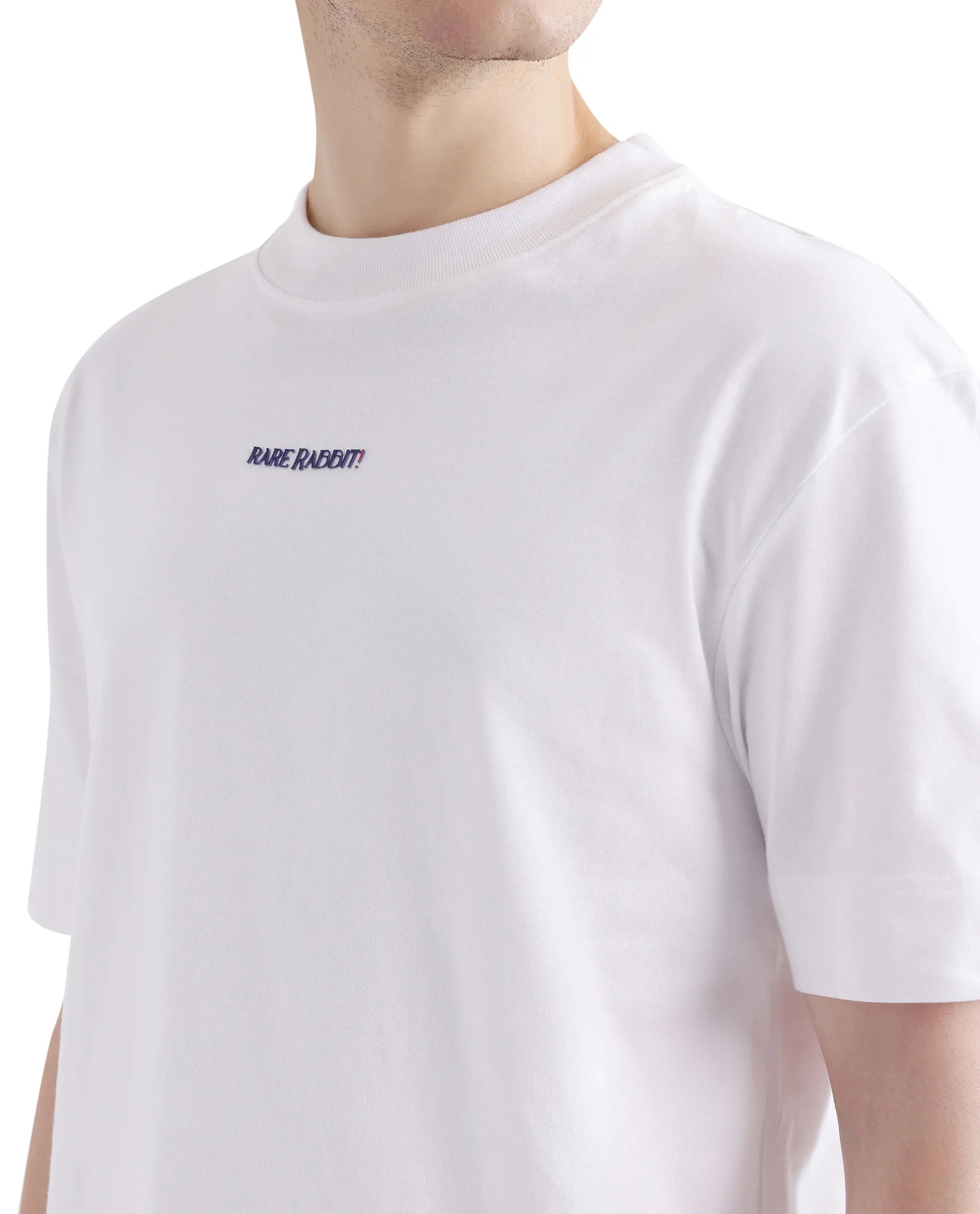 Rare Rabbit Men Exclaim White Cotton Fabric Short Sleeve Crew Neck Oversized Fit Graphic Back Print T-Shirt