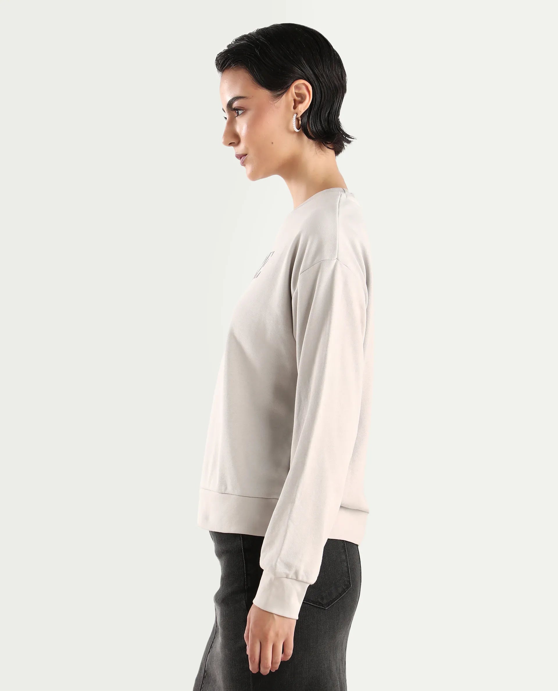 Rareism Women's Excla Light Grey Cotton Blend Crew Neck Graphic Print Regular Fit Sweatshirt