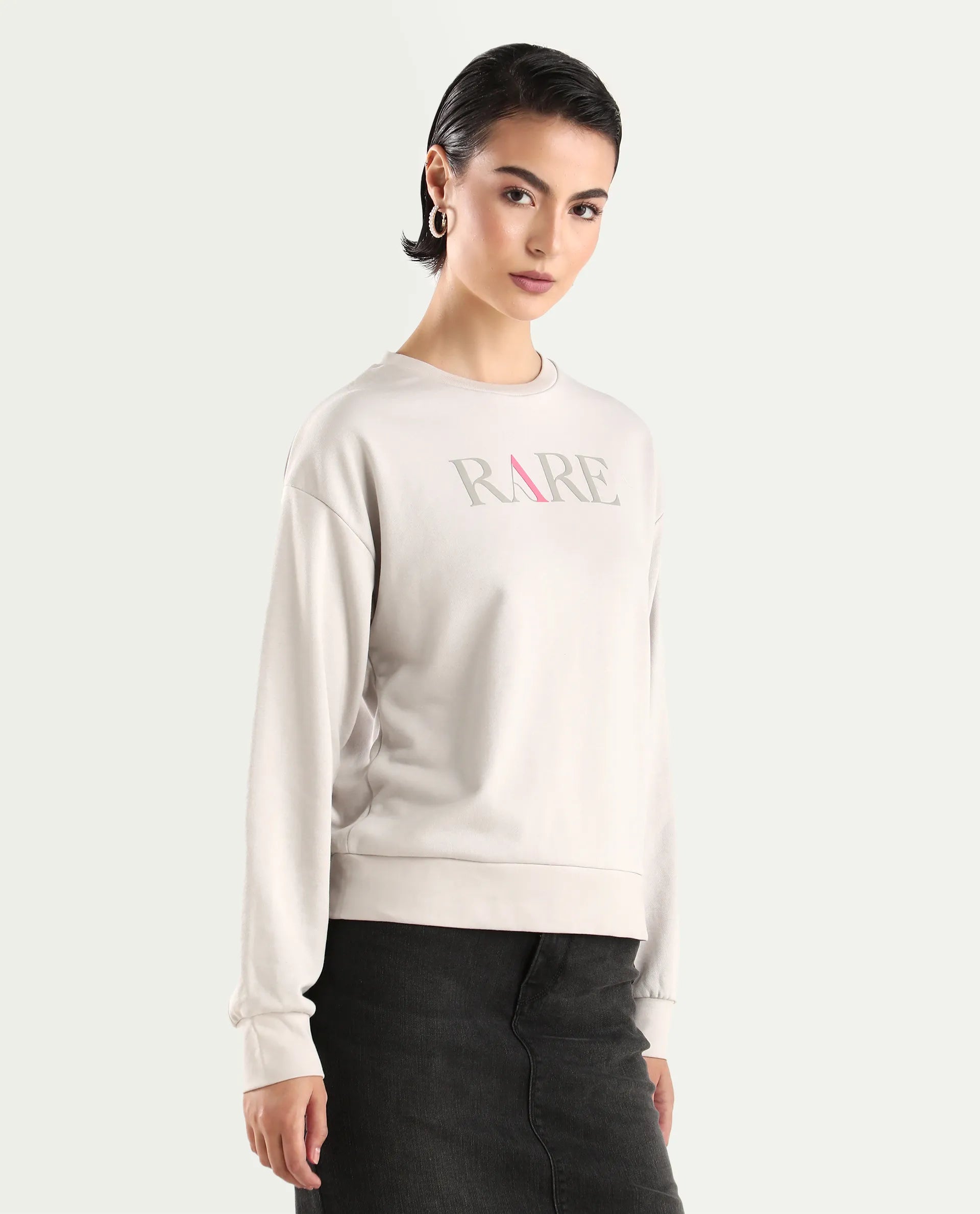 Rareism Women's Excla Light Grey Cotton Blend Crew Neck Graphic Print Regular Fit Sweatshirt