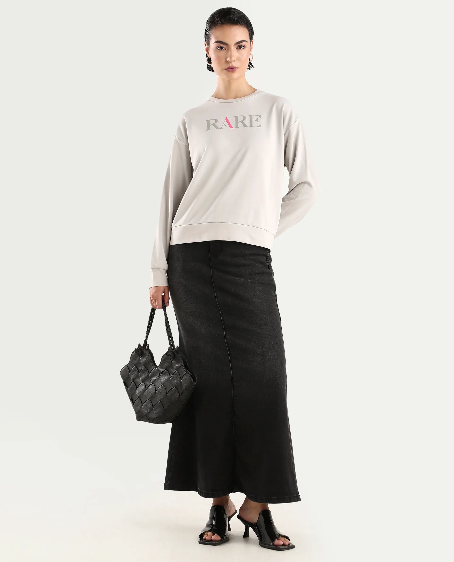 Rareism Women's Excla Light Grey Cotton Blend Crew Neck Graphic Print Regular Fit Sweatshirt