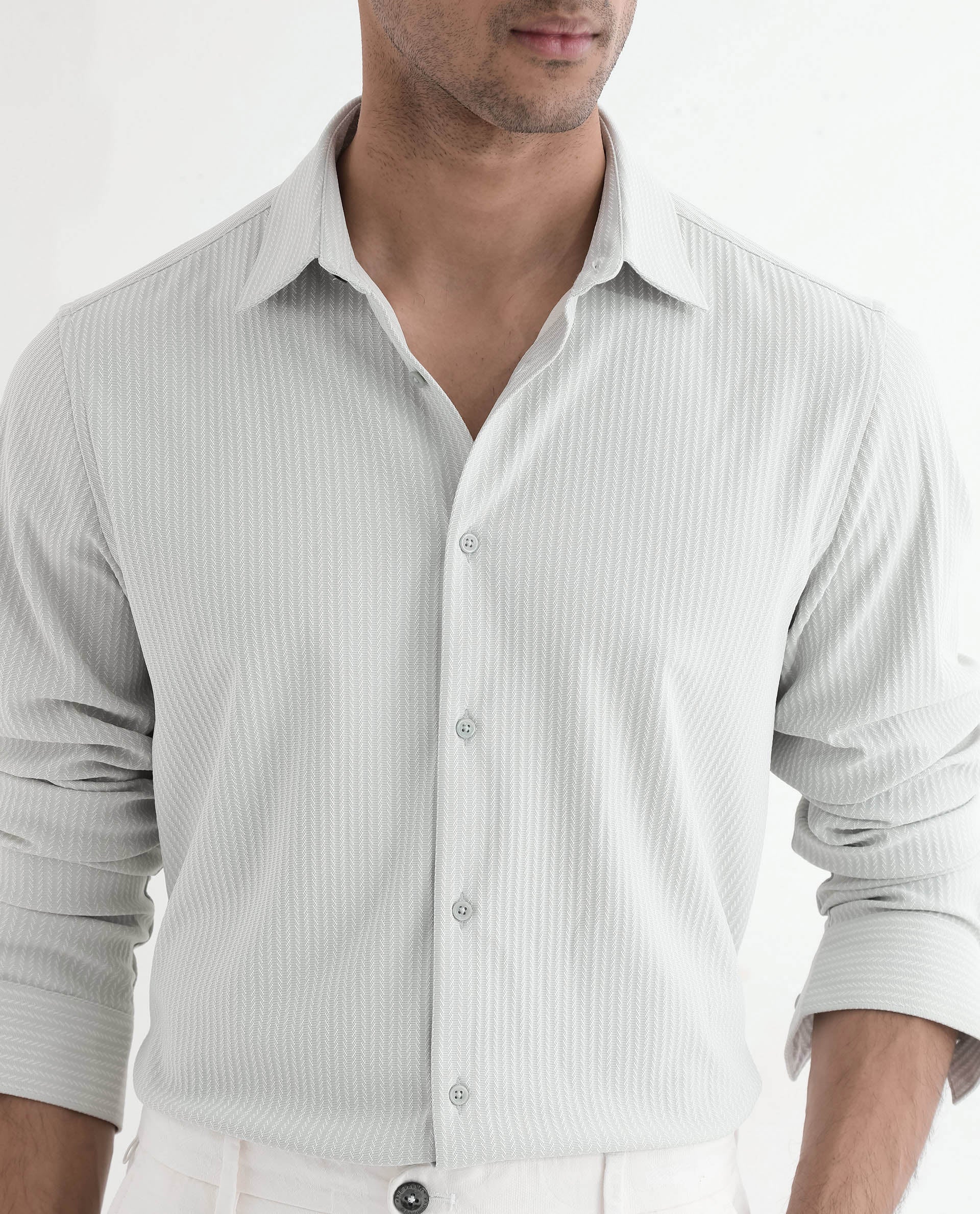 Rare Rabbit Men's Exclo Pastel Blue Polyester Fabric Full Sleeves Regular Fit Jacquard Knit Shirt