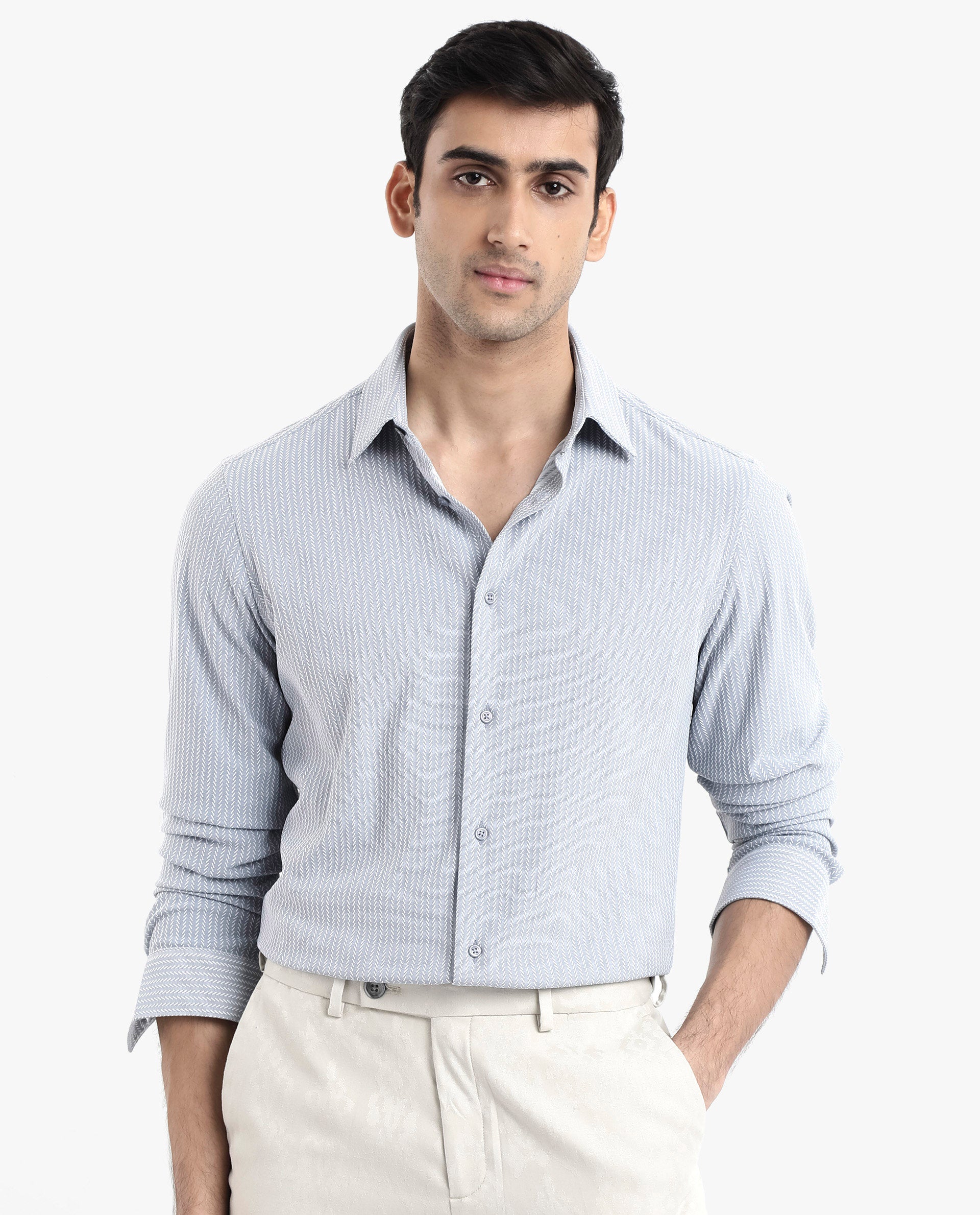 Rare Rabbit Men's Exclo Light Blue Polyester Fabric Full Sleeves Regular Fit Jacquard Knit Shirt