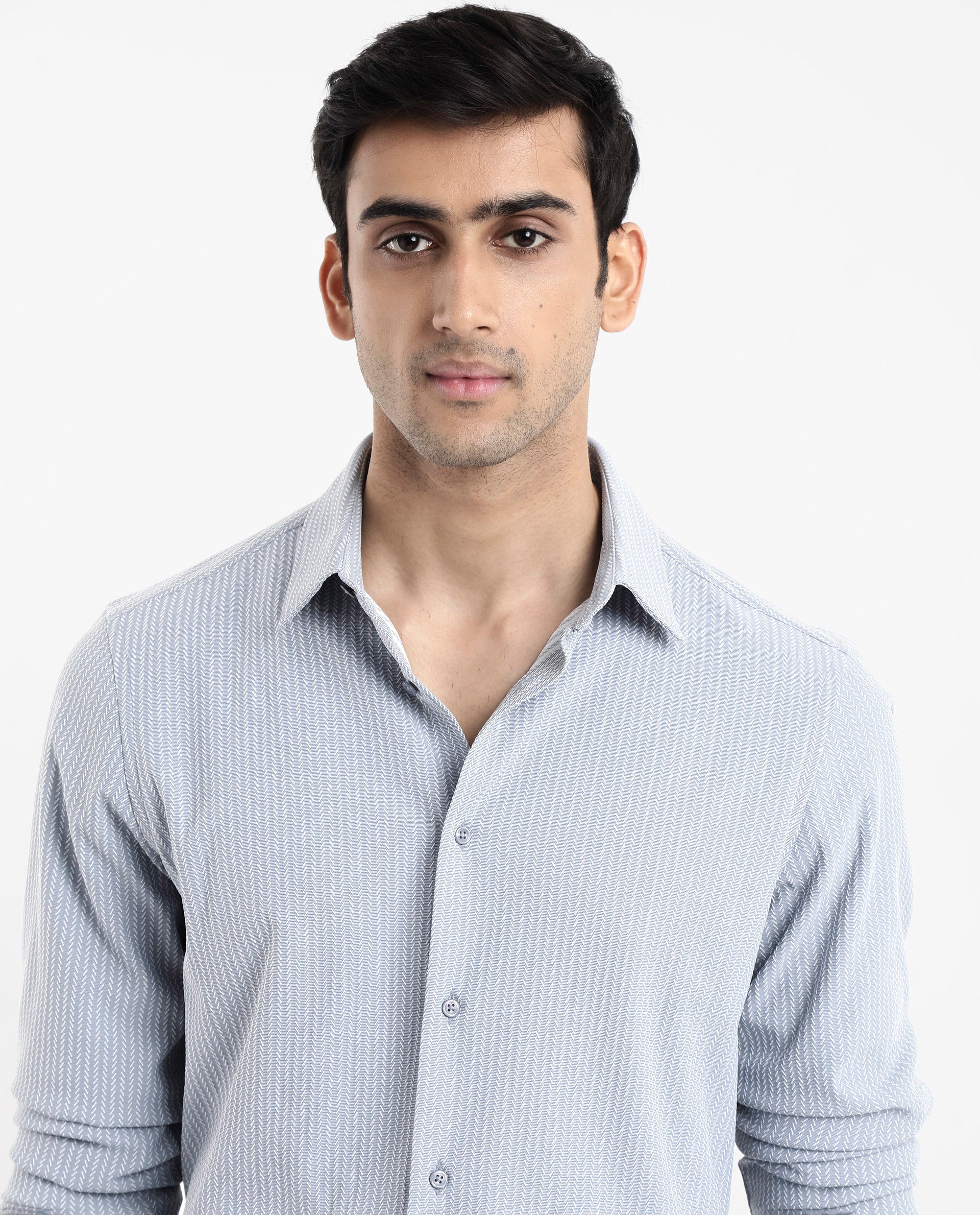 Rare Rabbit Men's Exclo Light Blue Polyester Fabric Full Sleeves Regular Fit Jacquard Knit Shirt