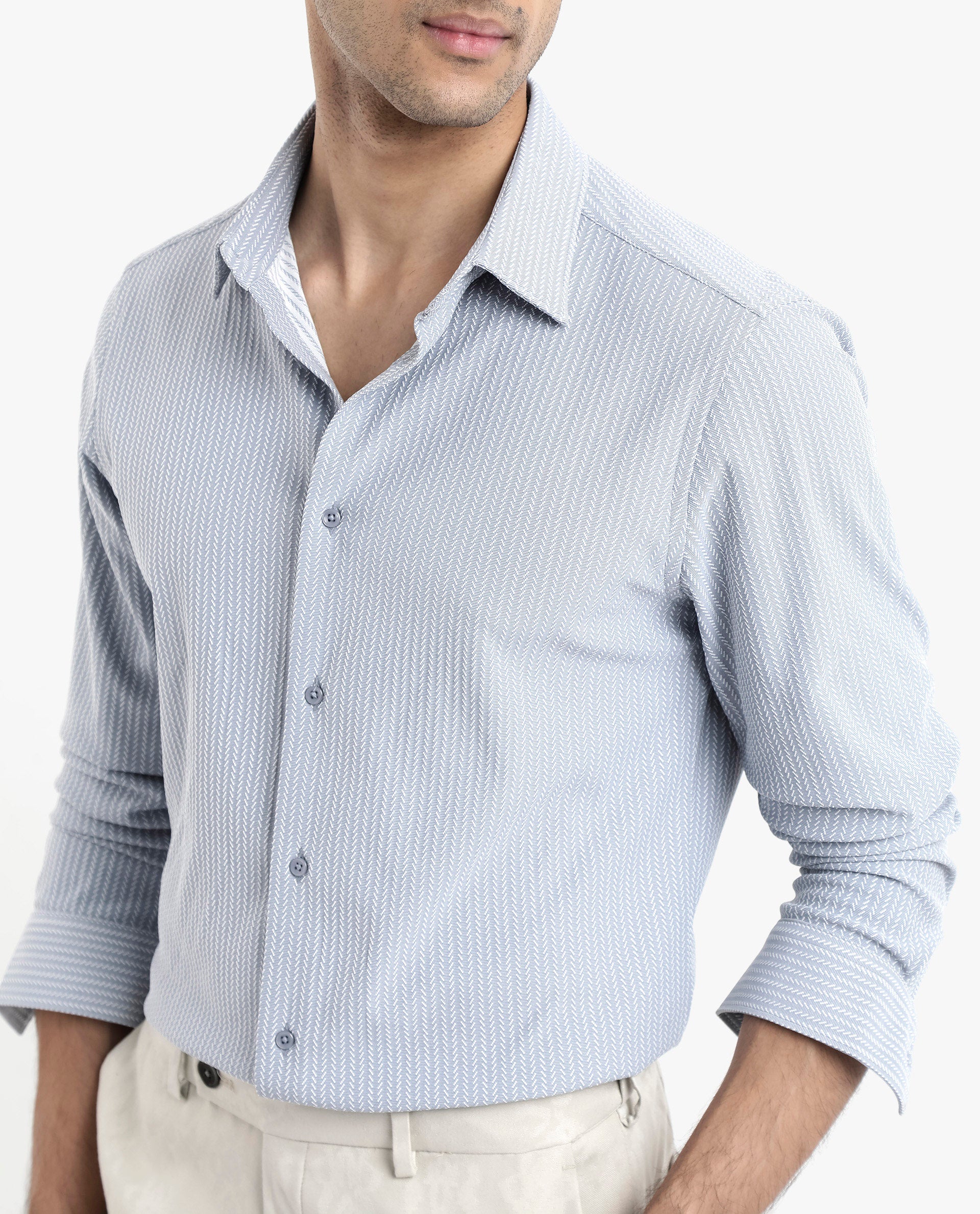 Rare Rabbit Men's Exclo Light Blue Polyester Fabric Full Sleeves Regular Fit Jacquard Knit Shirt