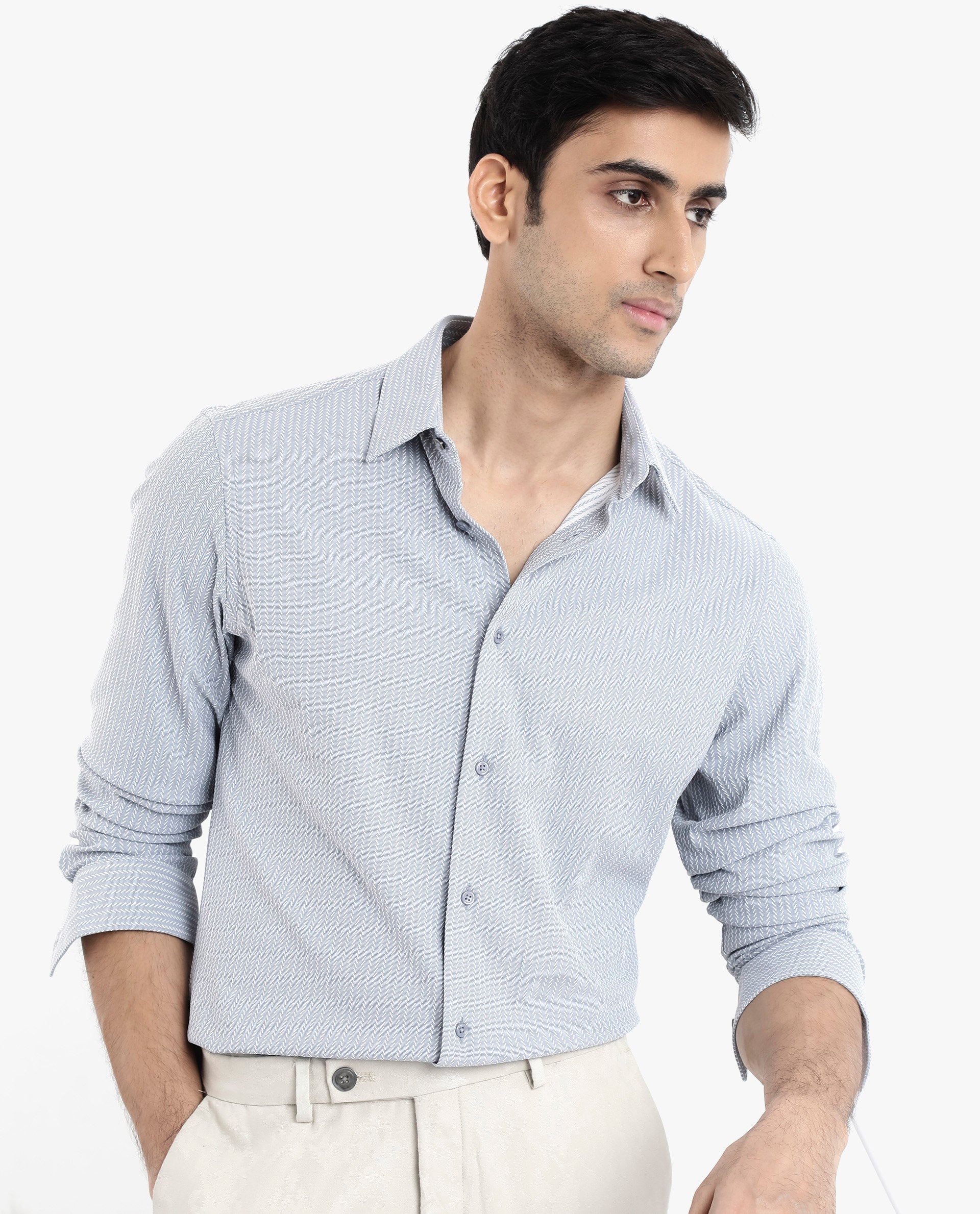 Rare Rabbit Men's Exclo Light Blue Polyester Fabric Full Sleeves Regular Fit Jacquard Knit Shirt