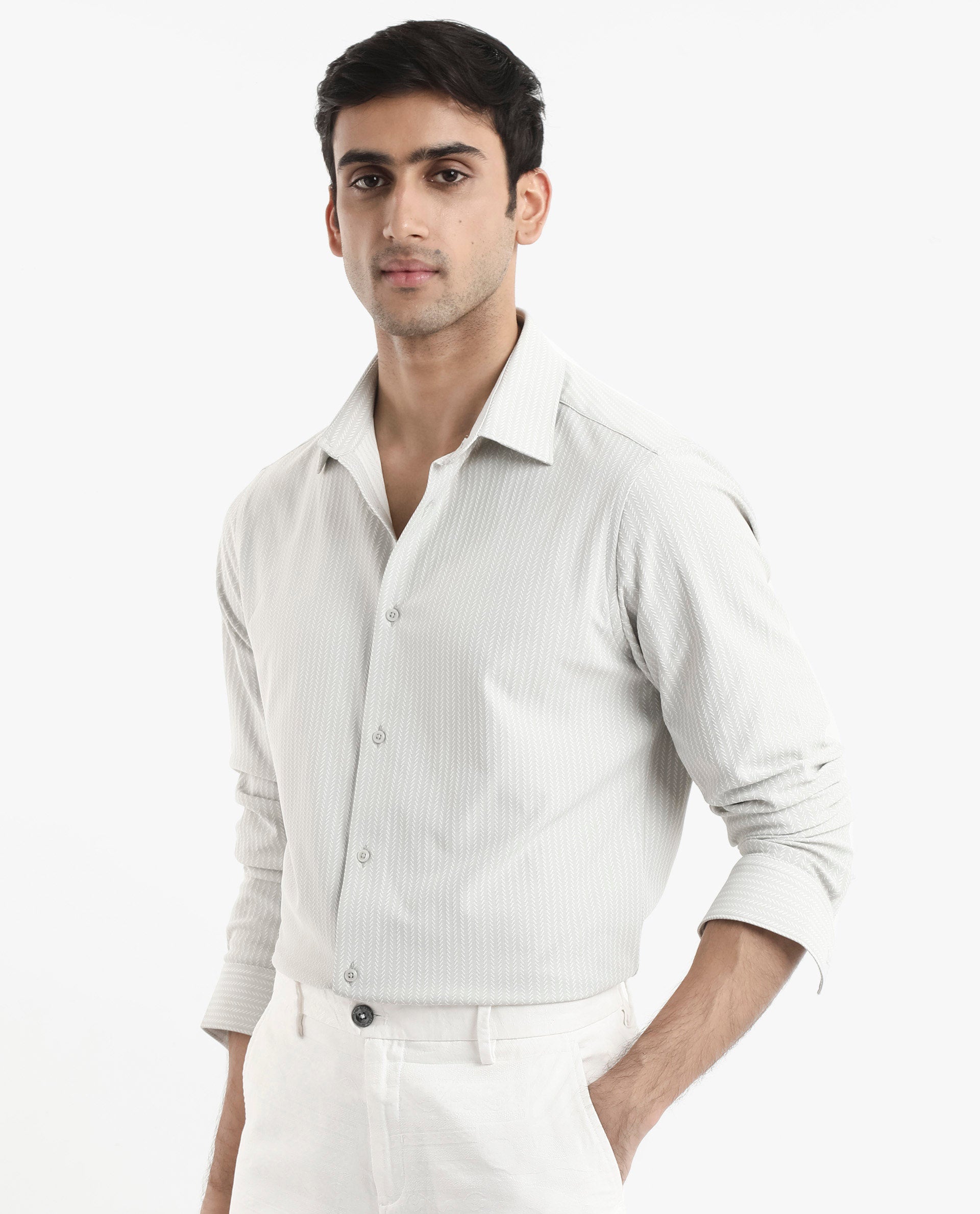 Rare Rabbit Men's Exclo Pastel Beige Polyester Fabric Full Sleeves Regular Fit Jacquard Knit Shirt