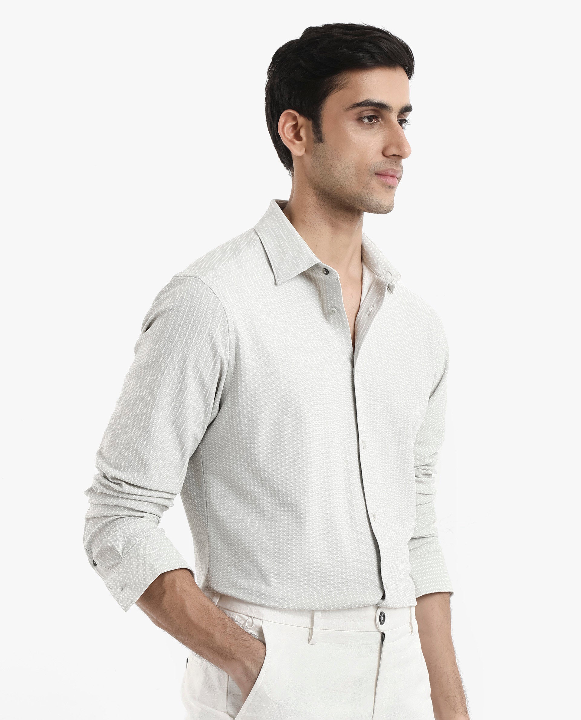 Rare Rabbit Men's Exclo Pastel Beige Polyester Fabric Full Sleeves Regular Fit Jacquard Knit Shirt