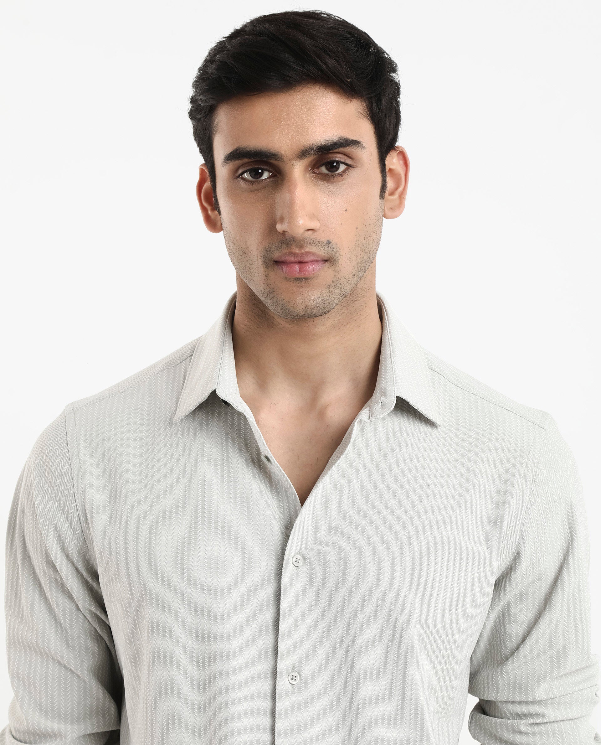 Rare Rabbit Men's Exclo Pastel Beige Polyester Fabric Full Sleeves Regular Fit Jacquard Knit Shirt