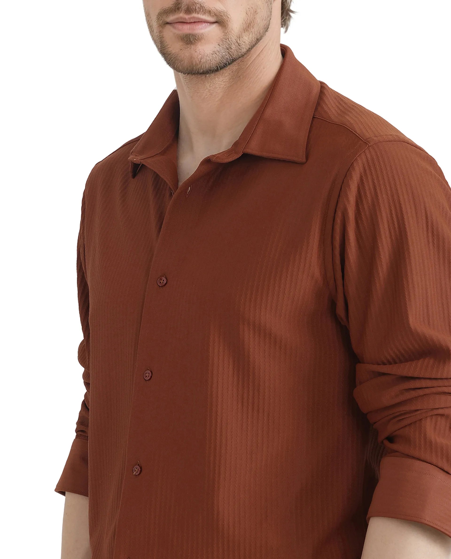 Rare Rabbit Men's Exclo Rust Polyester Fabric Full Sleeves Collared Neck Jacquard Knit Shirt