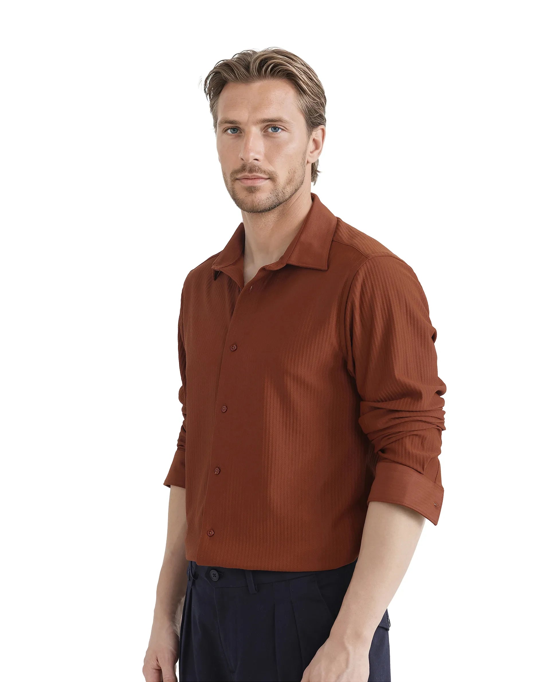 Rare Rabbit Men's Exclo Rust Polyester Fabric Full Sleeves Collared Neck Jacquard Knit Shirt