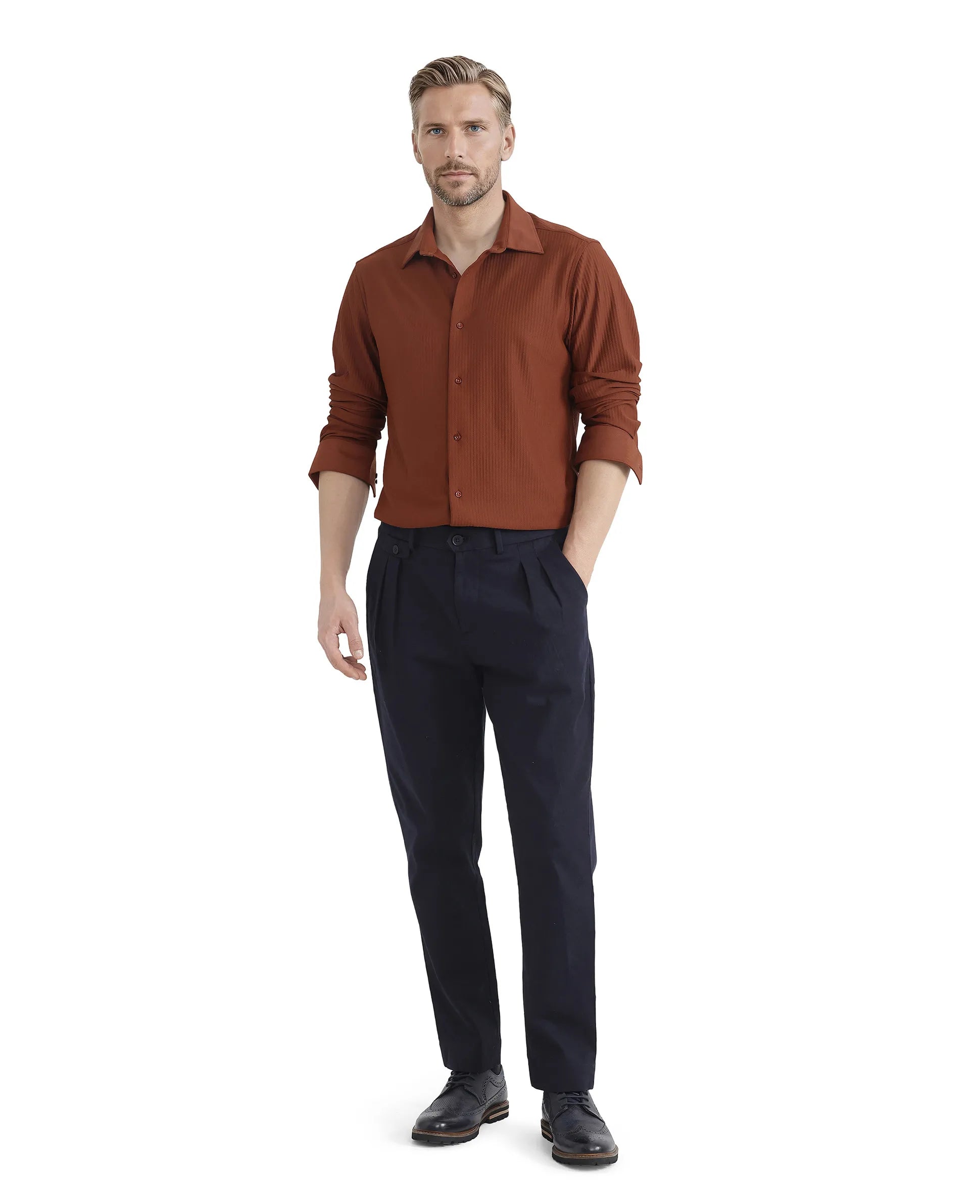 Rare Rabbit Men's Exclo Rust Polyester Fabric Full Sleeves Collared Neck Jacquard Knit Shirt