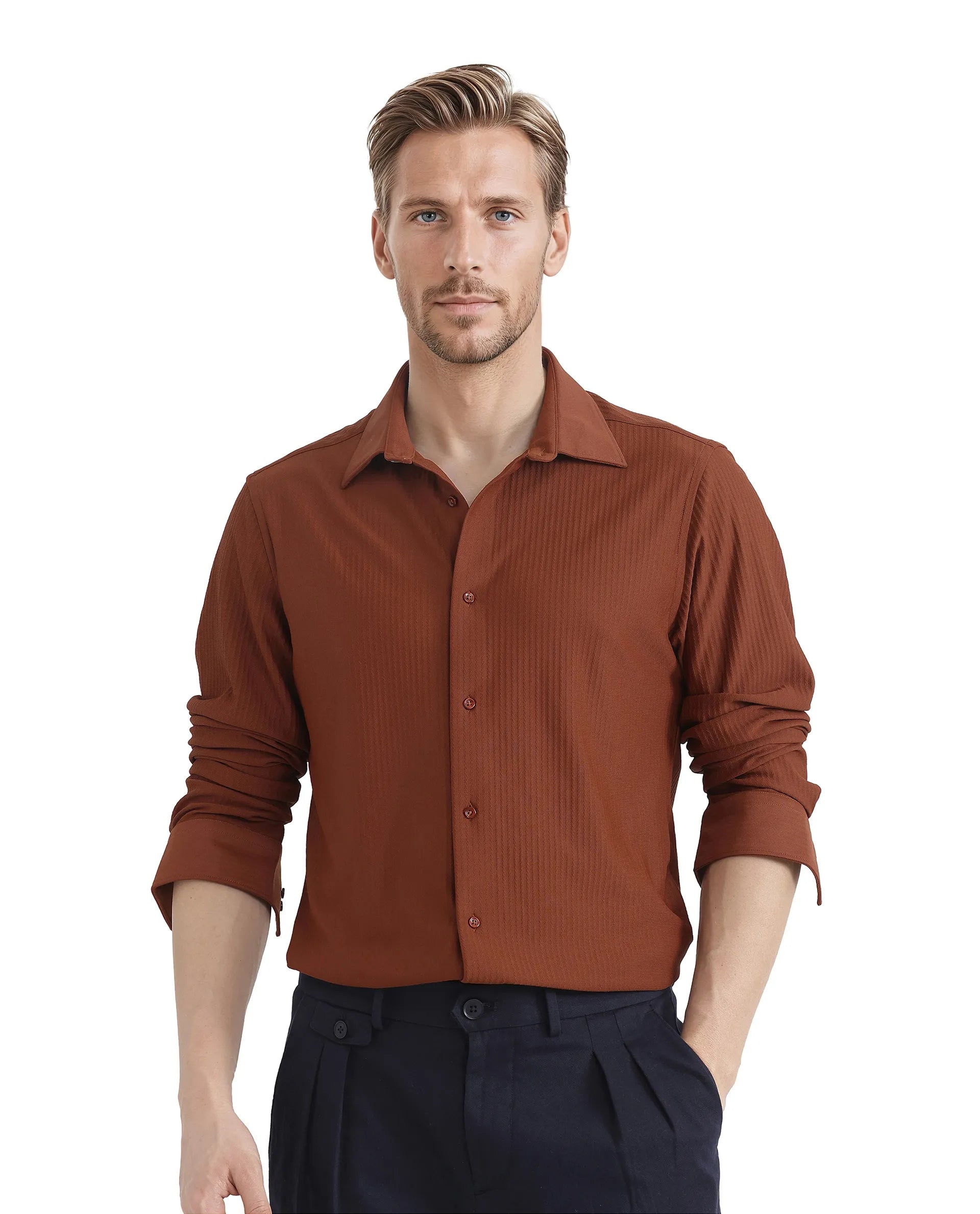 Rare Rabbit Men's Exclo Rust Polyester Fabric Full Sleeves Collared Neck Jacquard Knit Shirt