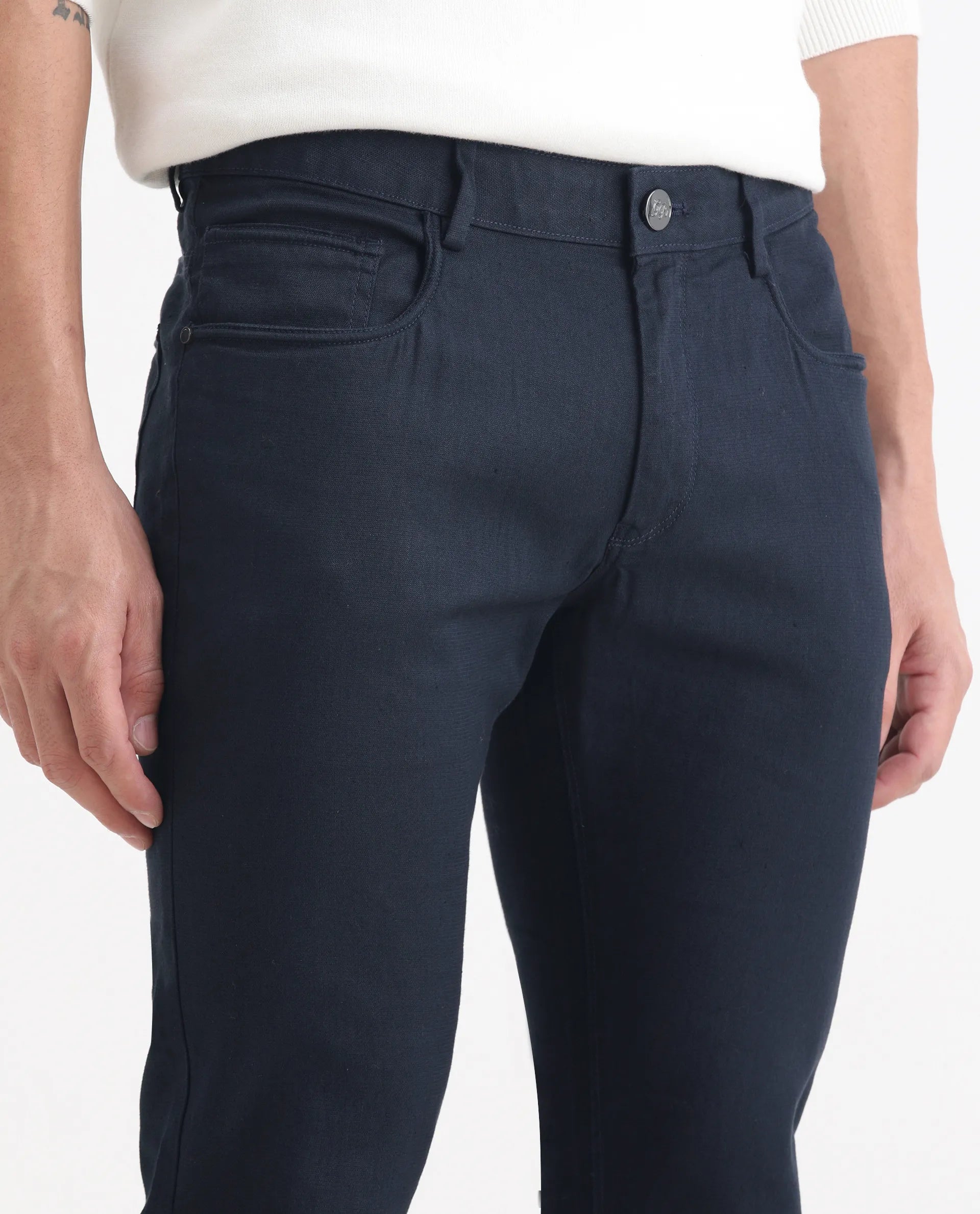 Rare Rabbit Men's Expore Navy Linen Blend Plain Regular Fit Trouser