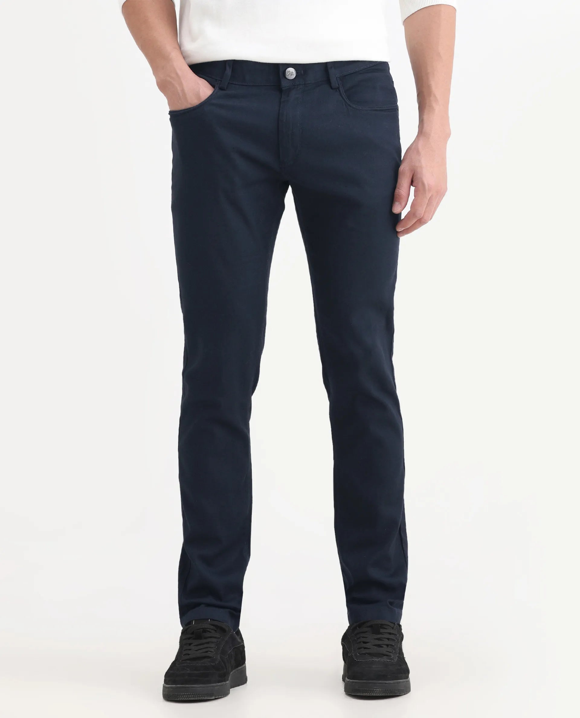 Rare Rabbit Men's Expore Navy Linen Blend Plain Regular Fit Trouser