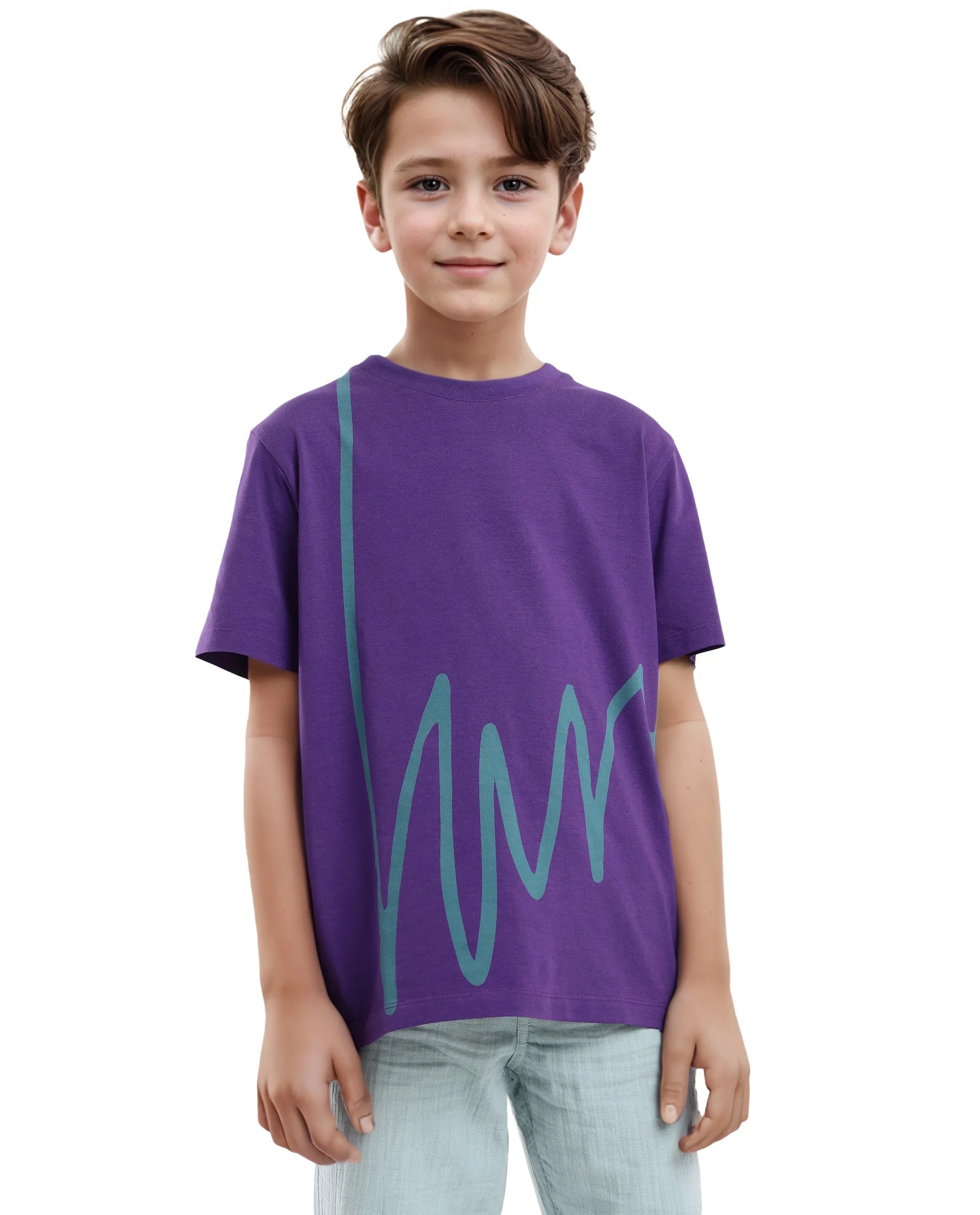 Rare Ones Kids Ezon Dark Purple Cotton Fabric Half Sleeves Crew Neck Graphic Signature Print T-Shirt
