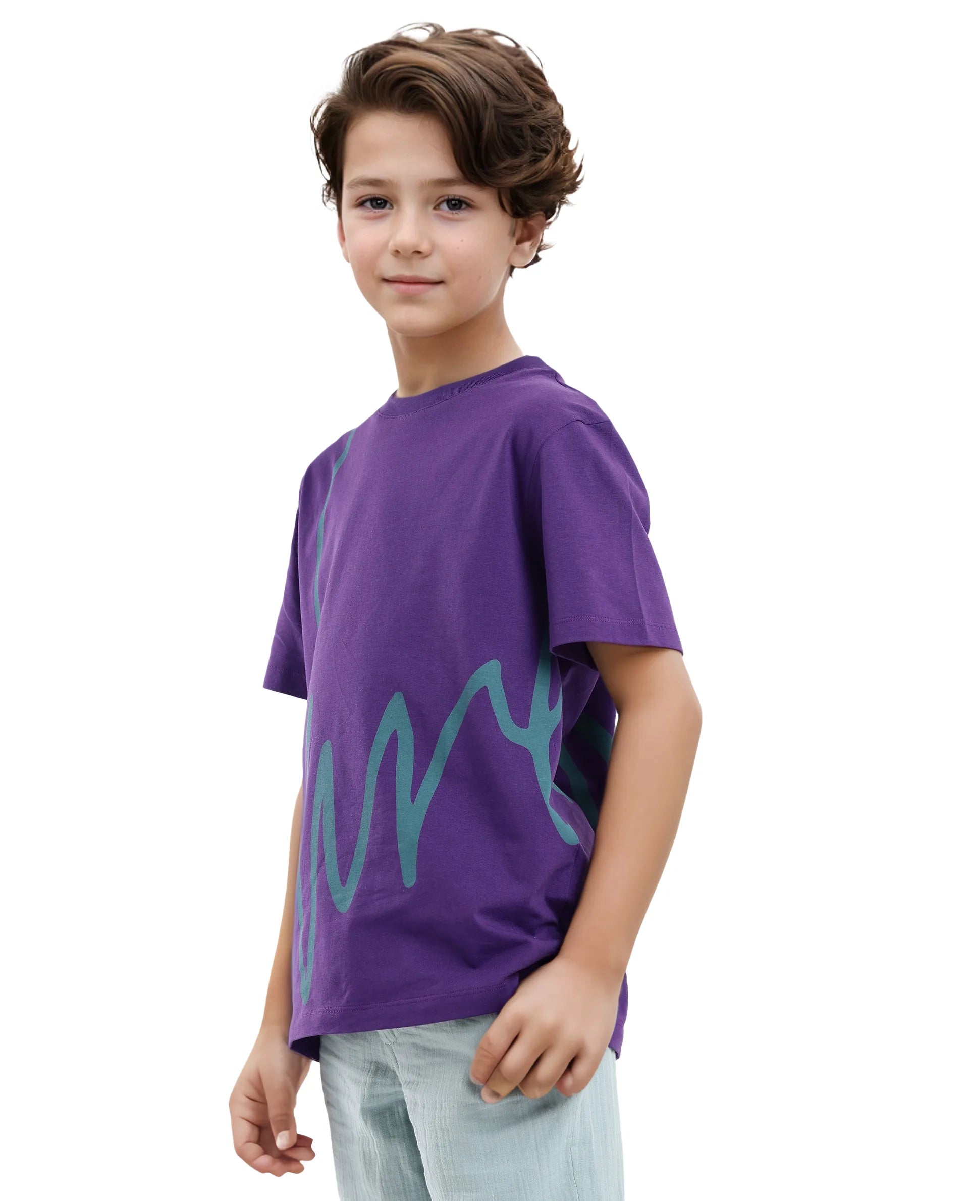 Rare Ones Kids Ezon Dark Purple Cotton Fabric Half Sleeves Crew Neck Graphic Signature Print T-Shirt