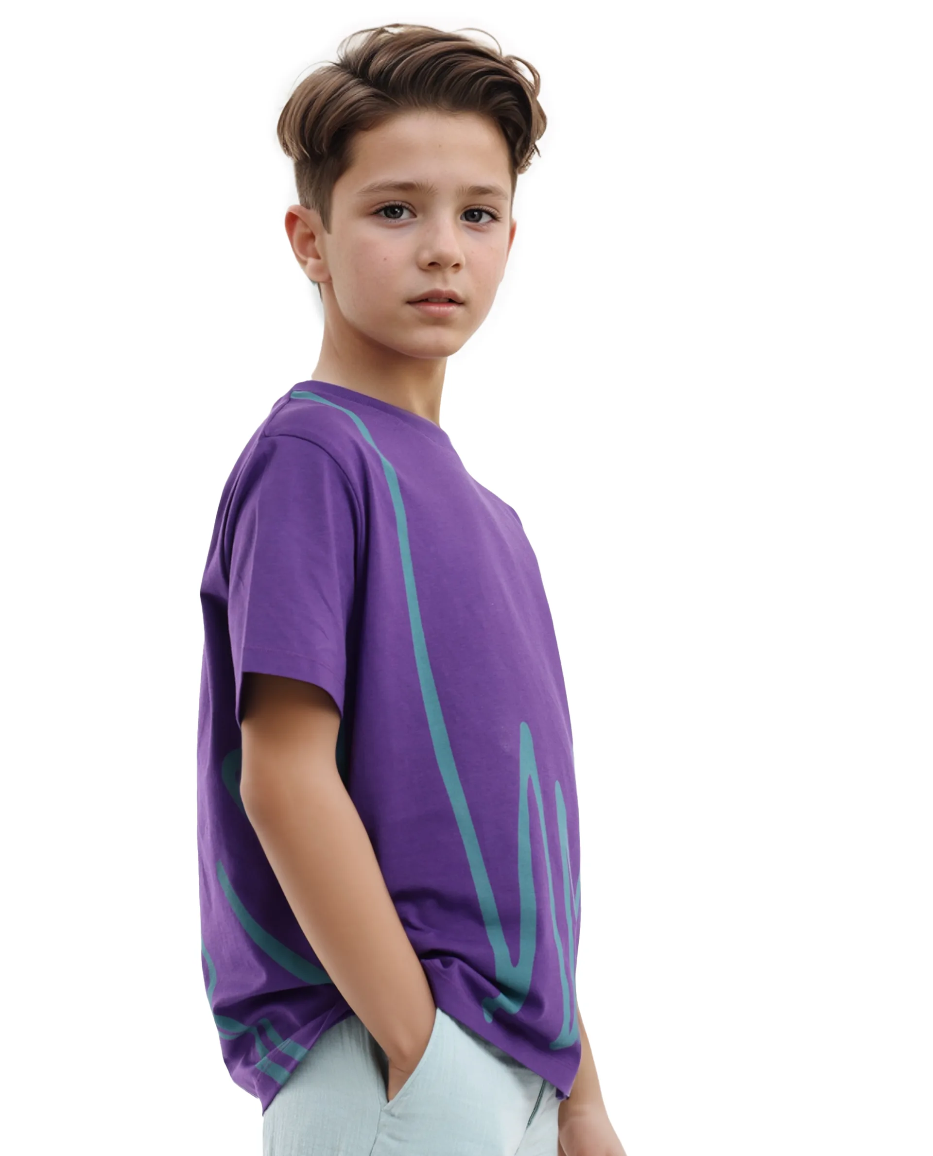 Rare Ones Kids Ezon Dark Purple Cotton Fabric Half Sleeves Crew Neck Graphic Signature Print T-Shirt