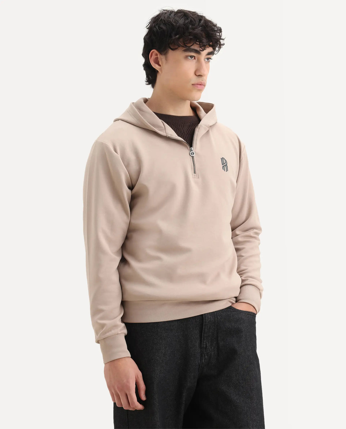 Rare Rabbit Men's Ezra Beige Cotton Blend Fabric Full Sleeve Hooded Graphic Print Sweatshirt