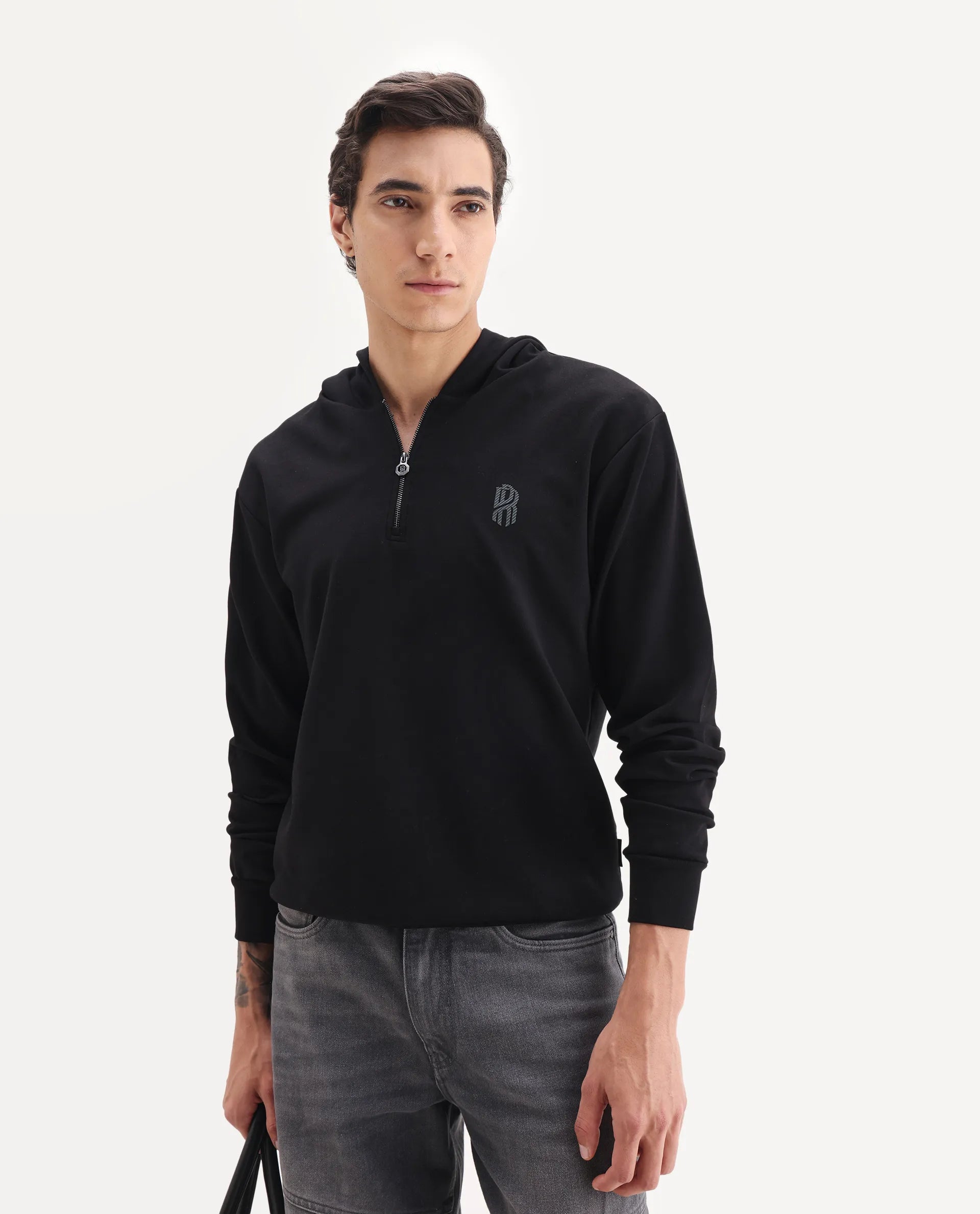 Rare Rabbit Men's Ezra Black Cotton Blend Fabric Full Sleeve Hooded Graphic Print Sweatshirt