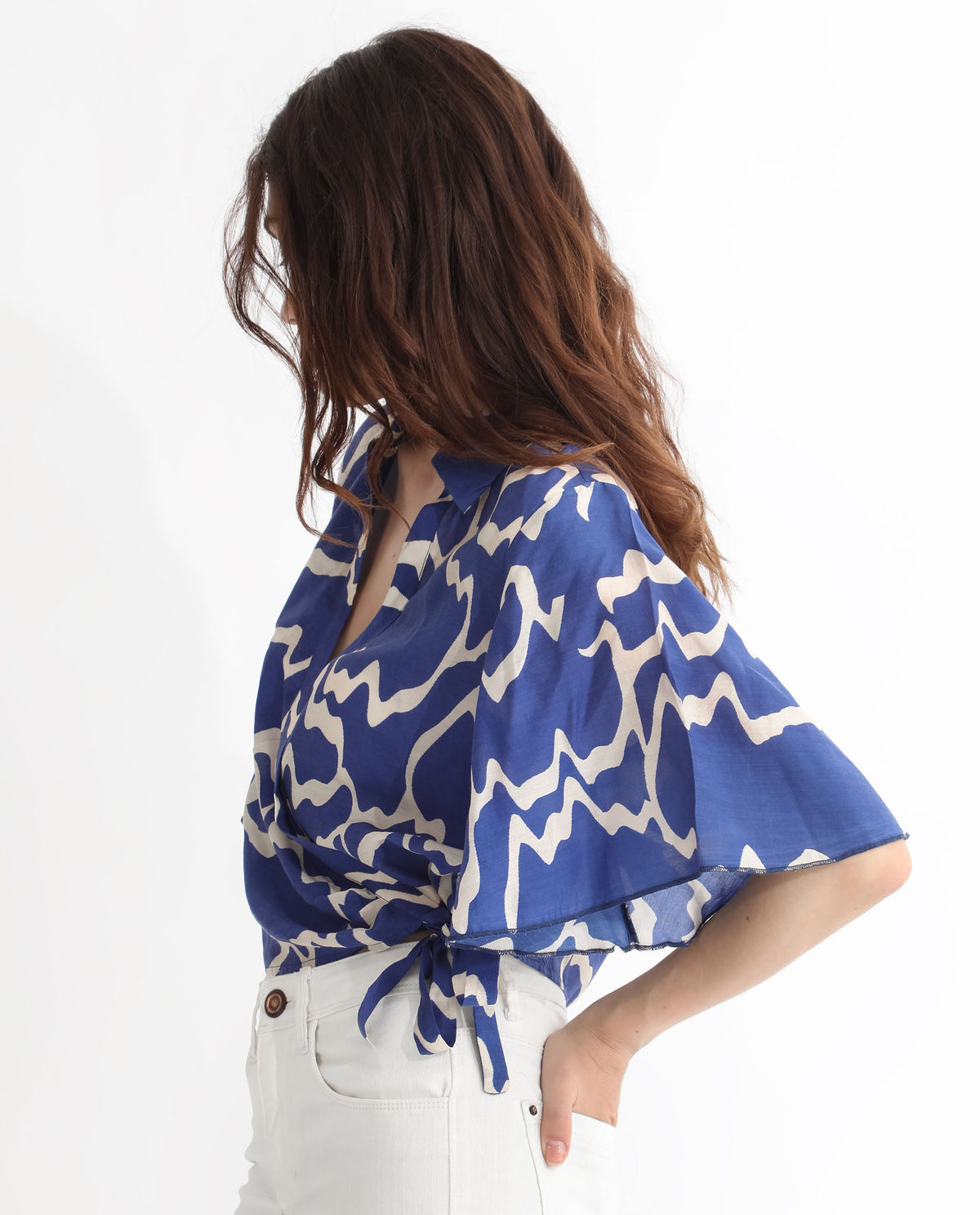 Rareism Womens Ezrai Blue Top Short Sleeve Hip Length Abstract