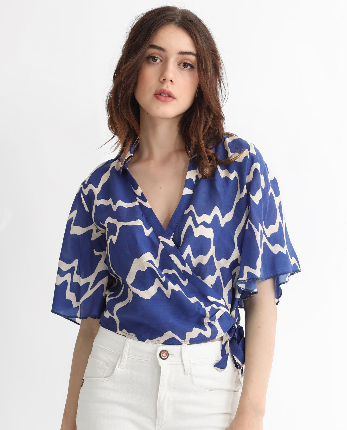 Rareism Womens Ezrai Blue Top Short Sleeve Hip Length Abstract