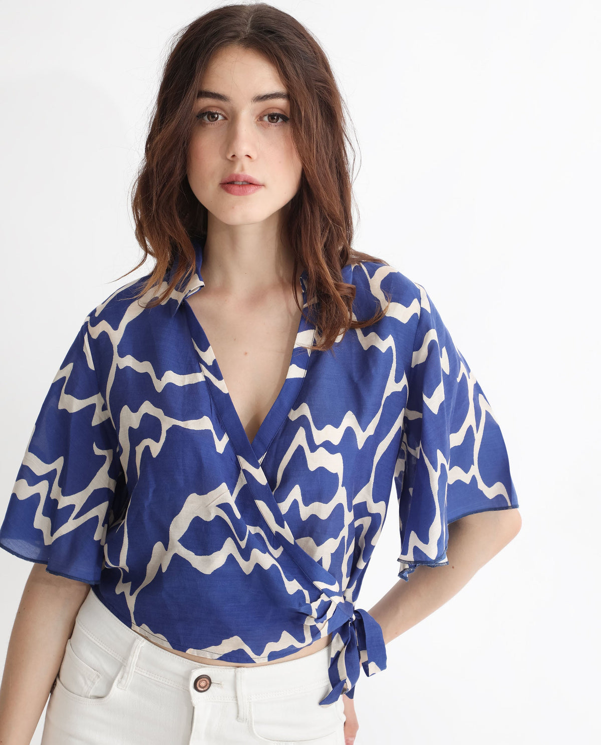 Rareism Womens Ezrai Blue Top Short Sleeve Hip Length Abstract