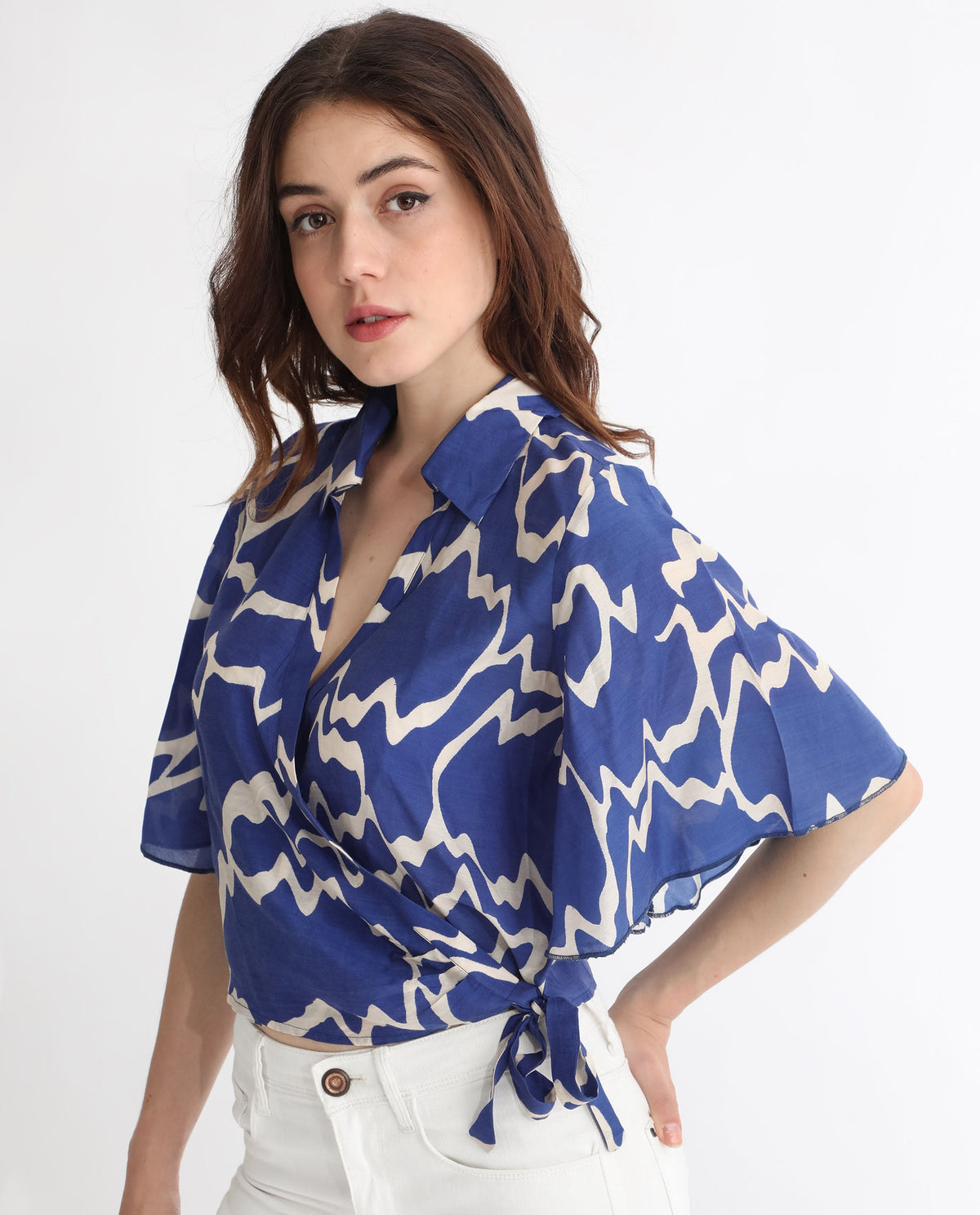 Rareism Womens Ezrai Blue Top Short Sleeve Hip Length Abstract