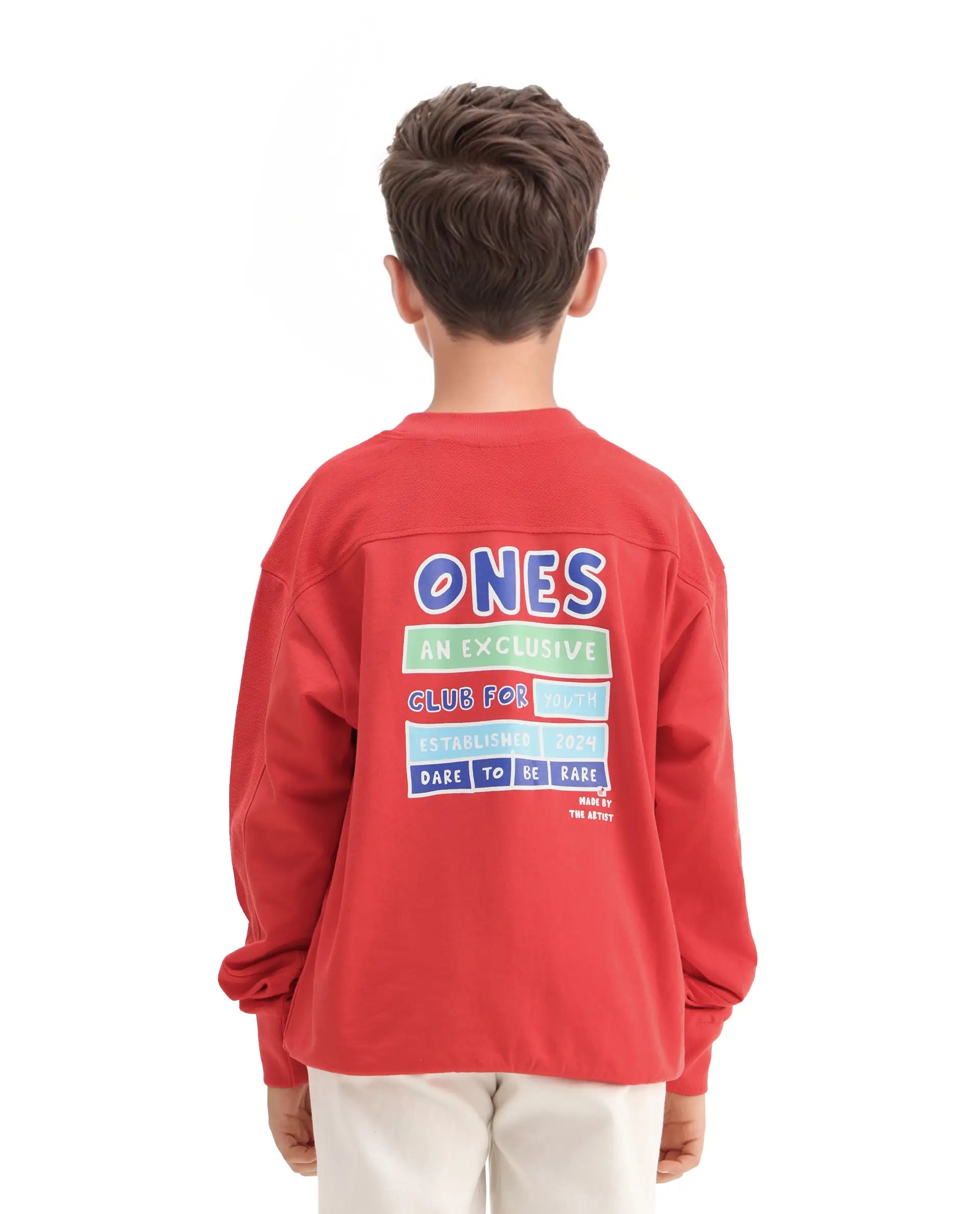 Rare Ones Kids Ezra Red Cotton Slip-On Full Sleeves Crew Neck Pigment Print Oversized Sweatshirt