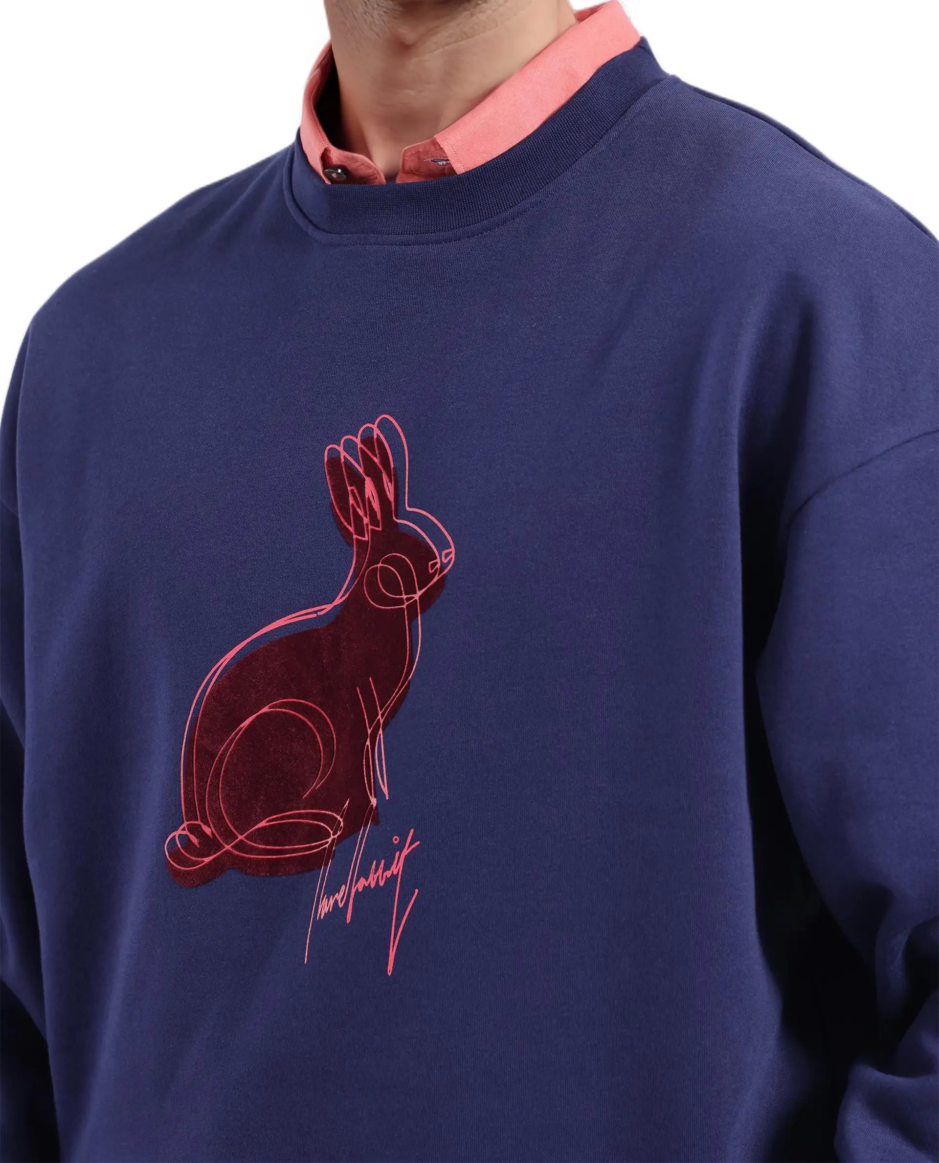 Rare Rabbit Men Ezy Navy Cotton Polyester Fabric Full Sleeve Crew Neck Boxy Fit Animal Print Sweatshirt