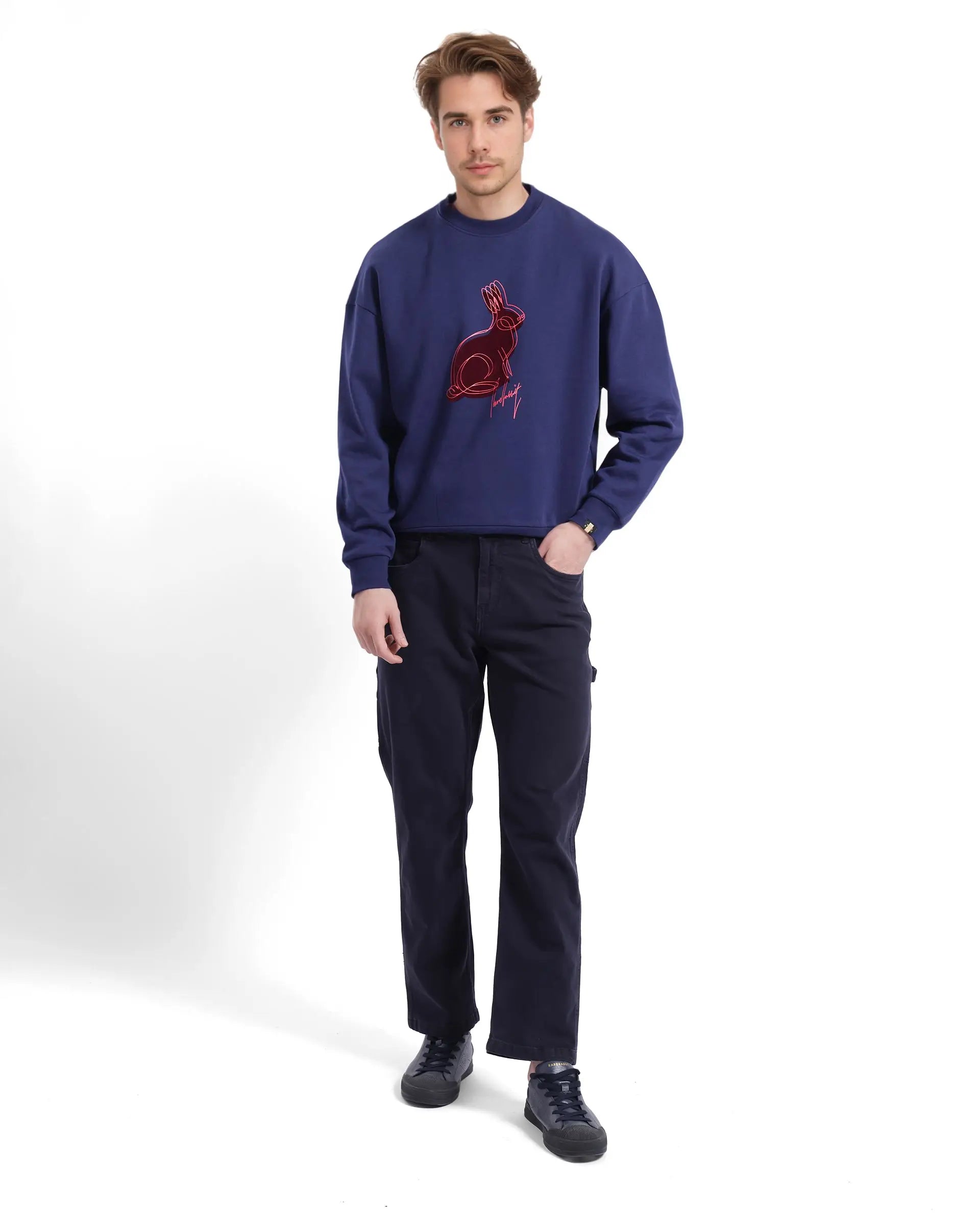 Rare Rabbit Men Ezy Navy Cotton Polyester Fabric Full Sleeve Crew Neck Boxy Fit Animal Print Sweatshirt